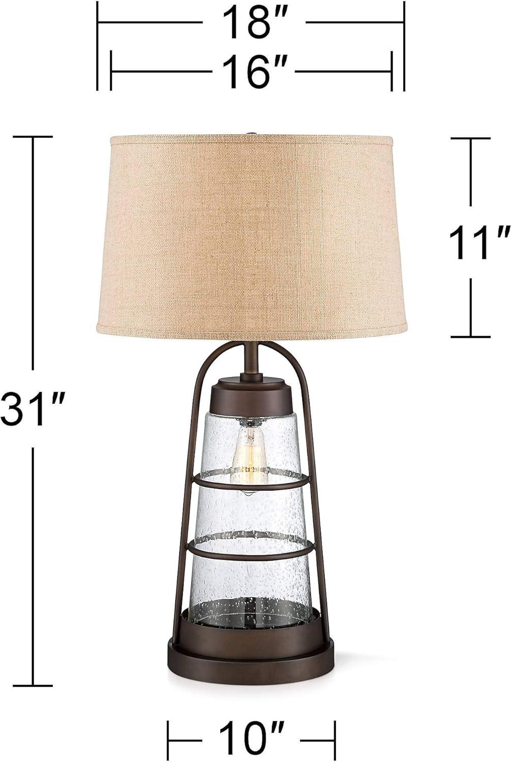 Franklin Iron Works Rustic Farmhouse Table Lamp 31" Tall with Nightlight Bronze Clear Seeded Glass Burlap Shade for Bedroom Living Room House Bedside