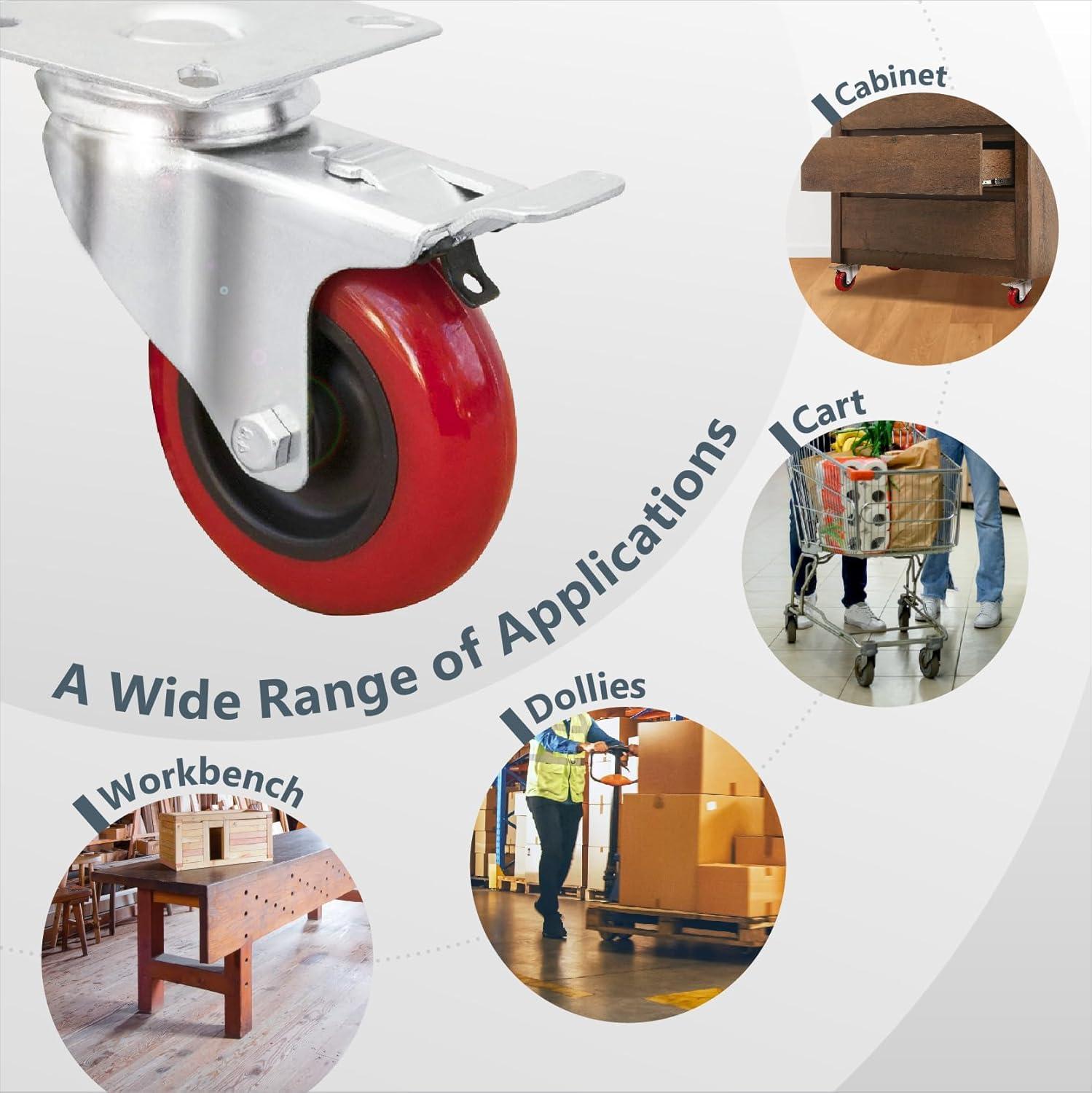 POWERTEC 4PK 3-Inch Swivel Caster Wheels with Brake & 640 lbs Loads, Heavy Duty Plate Casters, Dual Locking PU Castor Wheels for Furniture, Cart, Dolly and Workbench, 17205