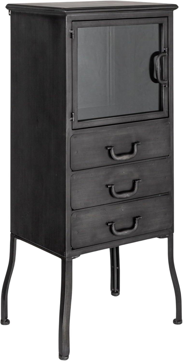 Antique Black Metal and Glass Office Storage Cabinet with 3 Drawers