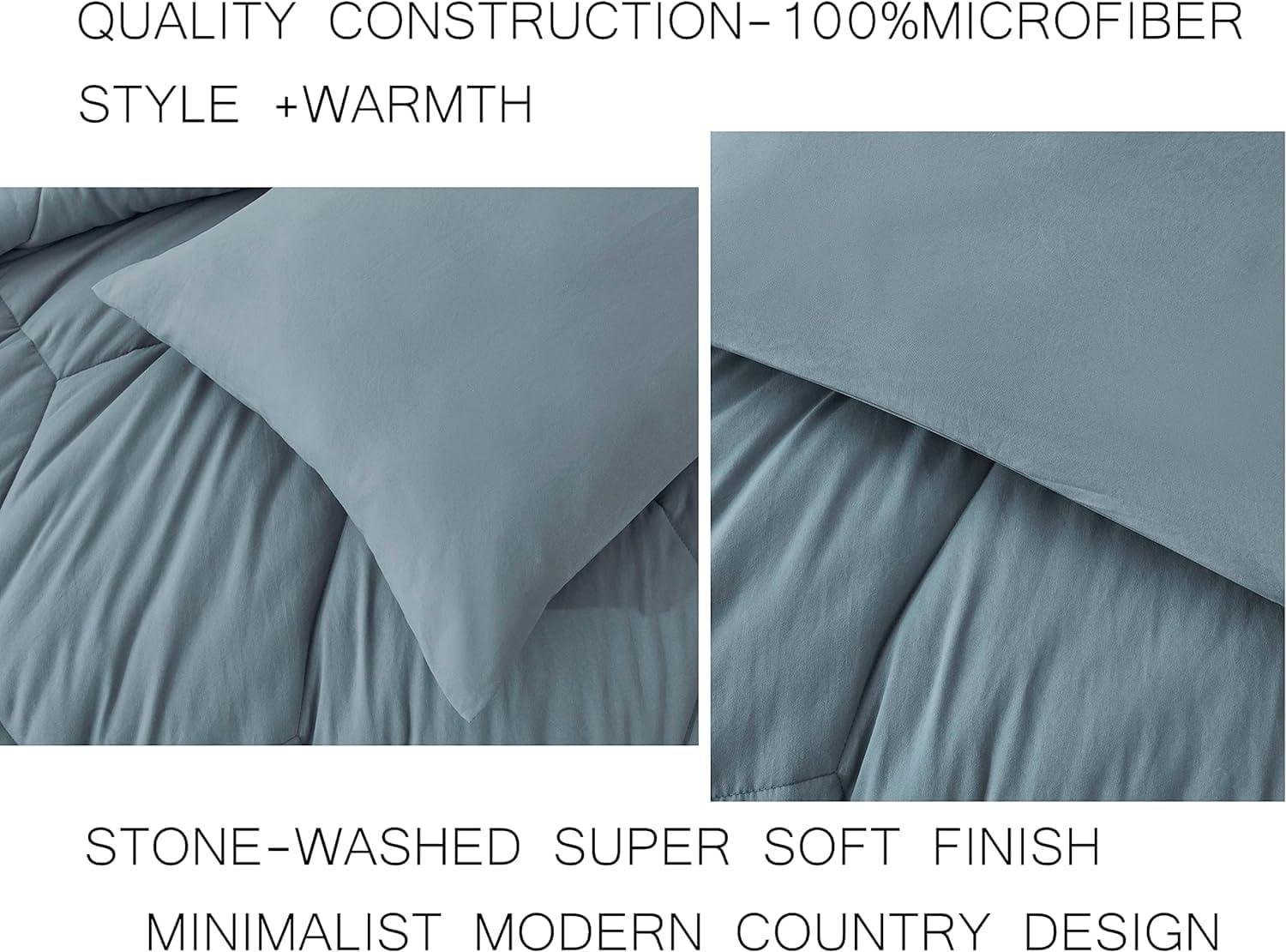 Chezmoi Collection Vero Dusty Blue Comforter Set Oversized Queen Size 3-Piece Fluffy Soft Lightweight Bedding Honeycomb Geometric Stone-Washed Microfiber Comforter Set for All Season