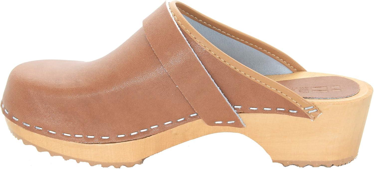 Brown Genuine Leather Open Back Clogs with Wood Sole