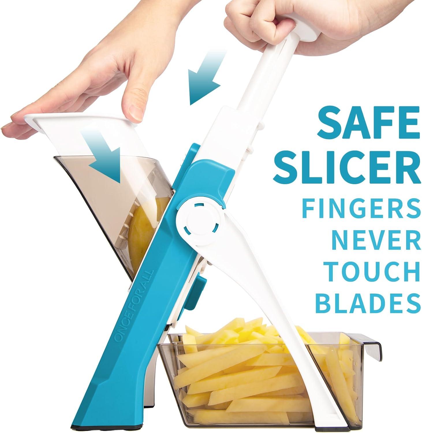 ONCE FOR ALL Safe Mandoline Slicer 5 in 1 Vegetable Cutter, Strips Julienne Dicer Adjustable Thickness 0.1-8 mm for Kitench Fast Meal Prep (Light Blue)