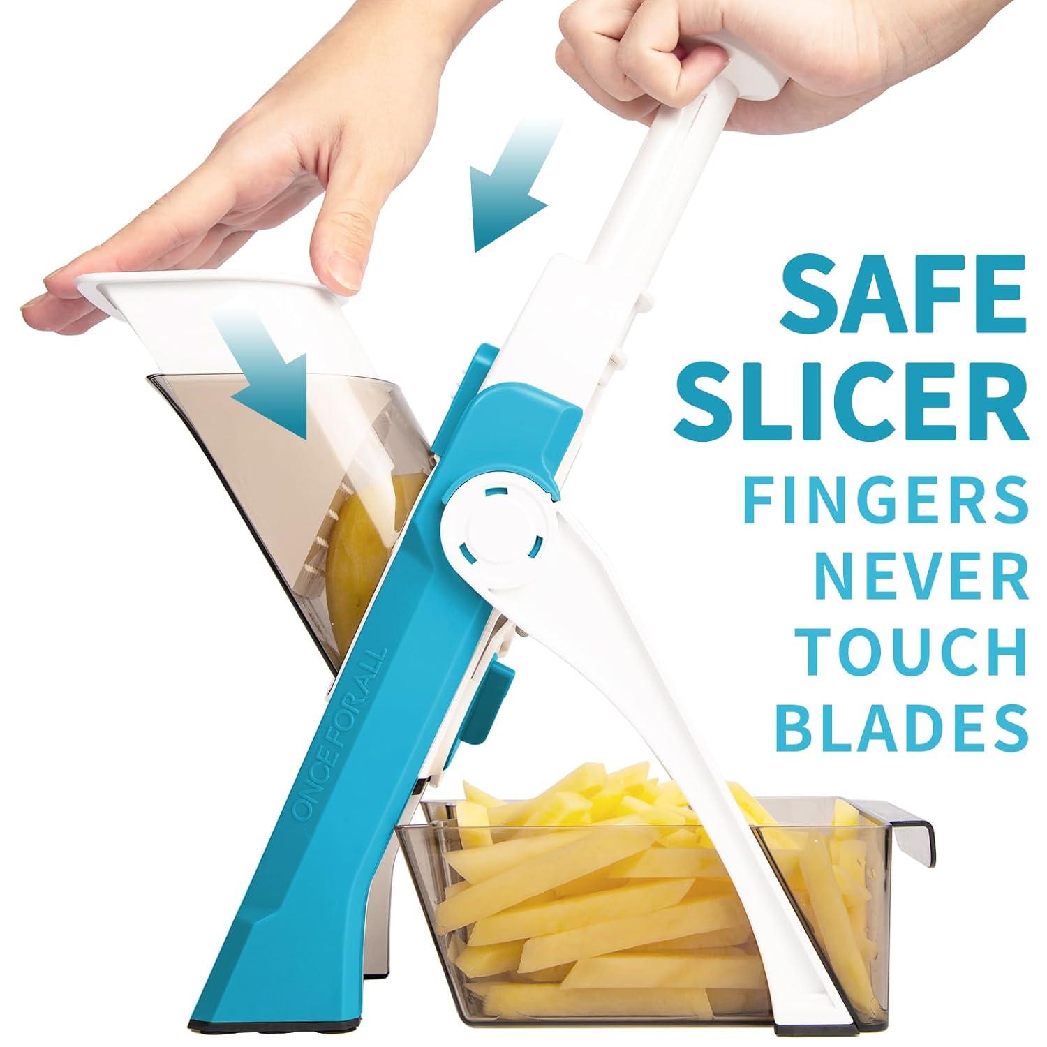 ONCE FOR ALL Safe Mandoline Slicer 5 in 1 Vegetable Cutter, Strips Julienne Dicer Adjustable Thickness 0.1-8 mm for Kitench Fast Meal Prep (Light Blue)
