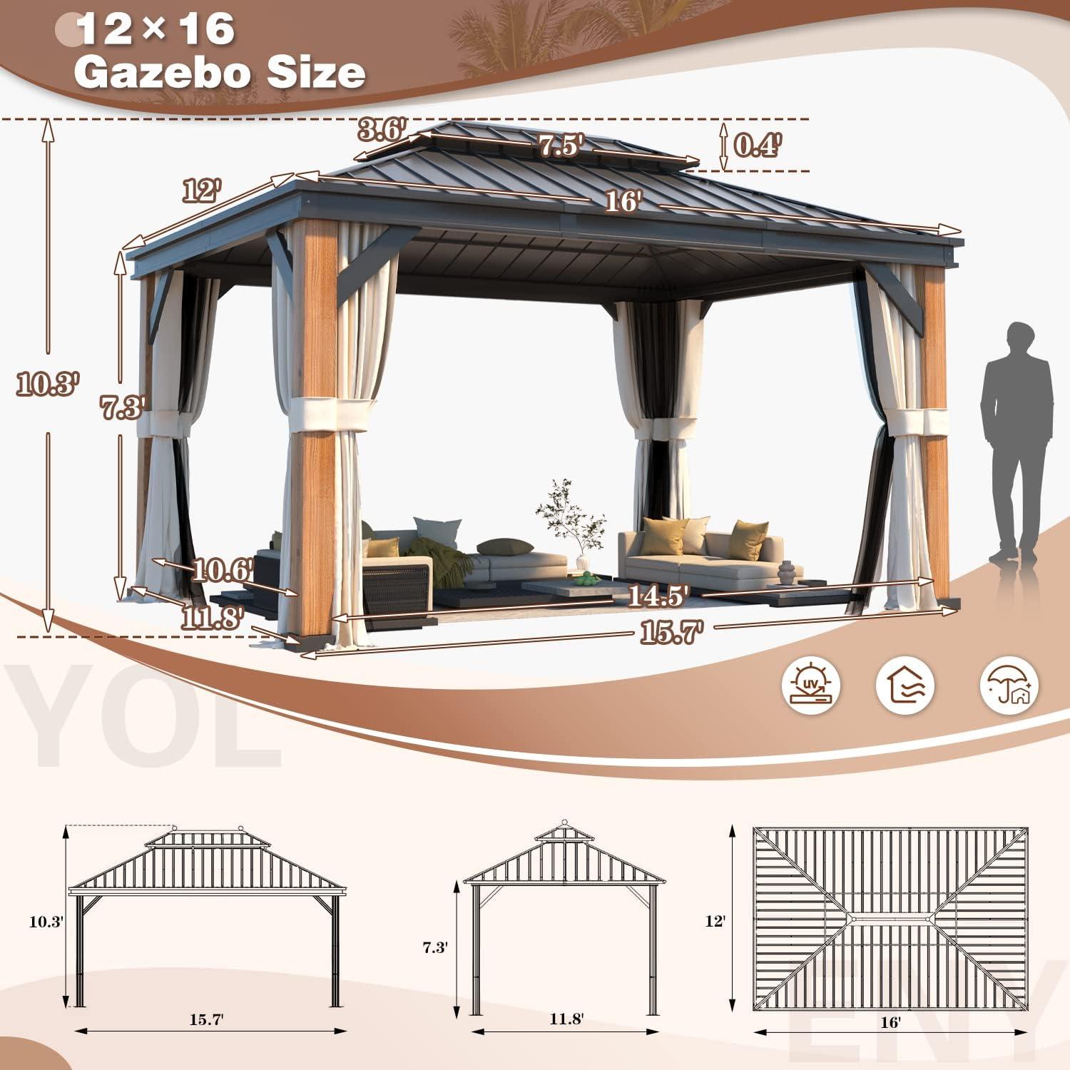 YOLENY 12'x16' Galvanized Steel Hardtop Gazebo with Aluminum Frame and Curtains