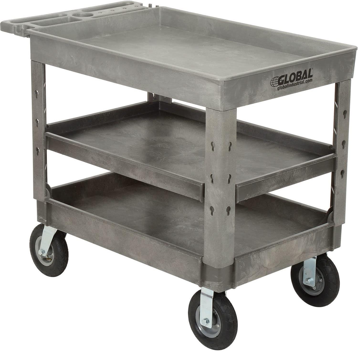 Gray Plastic 3 Tray Shelf Industrial Utility Cart with Pneumatic Wheels