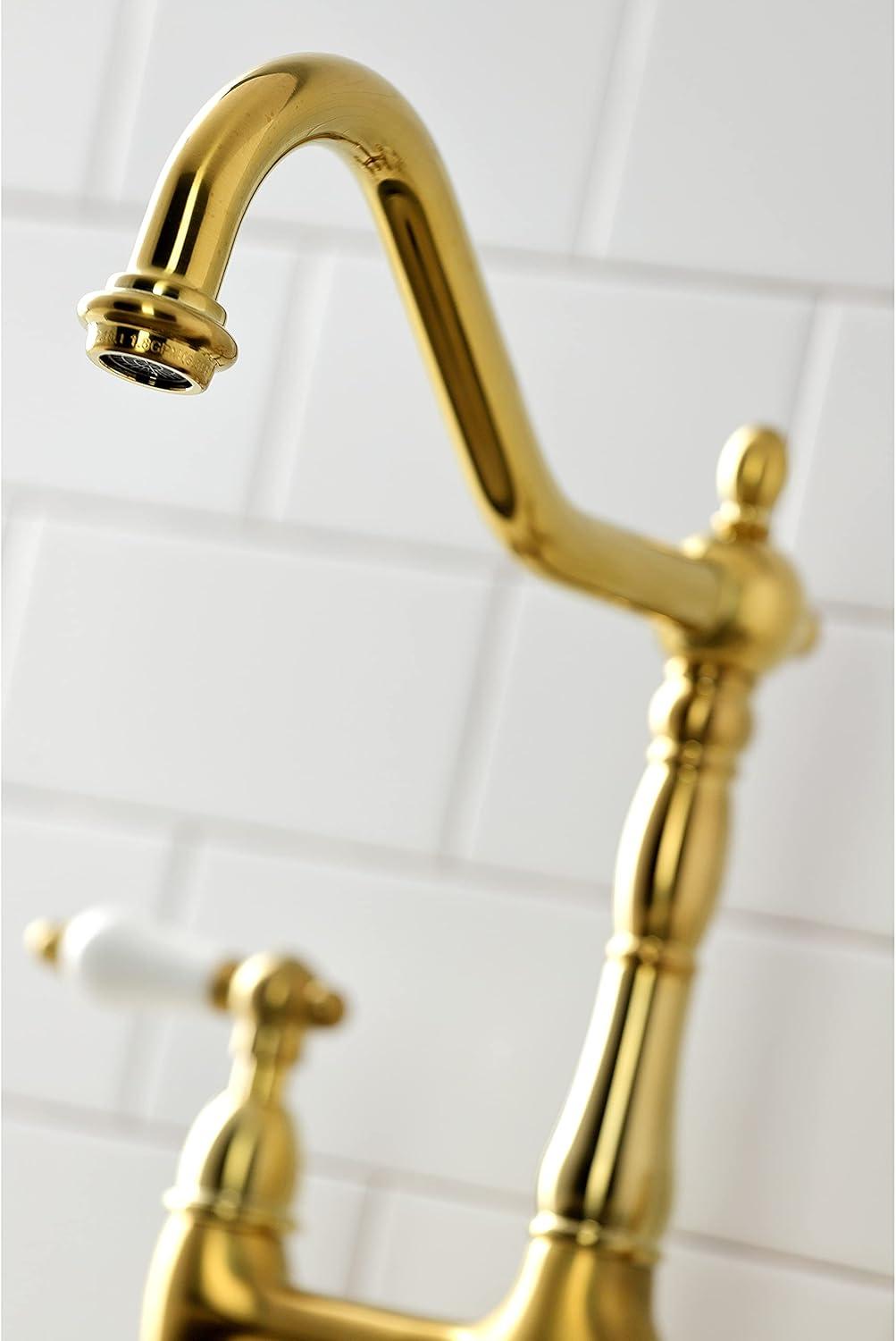 Kingston Brass Heritage Two-Handle 4-Hole Deck Mount Bridge Kitchen Faucet with Brass Side Sprayer