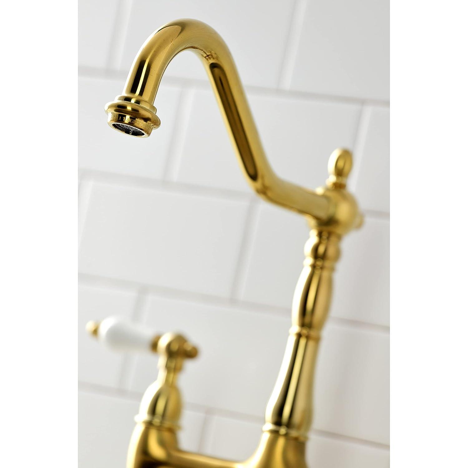 Kingston Brass Heritage Two-Handle 4-Hole Deck Mount Bridge Kitchen Faucet with Brass Side Sprayer