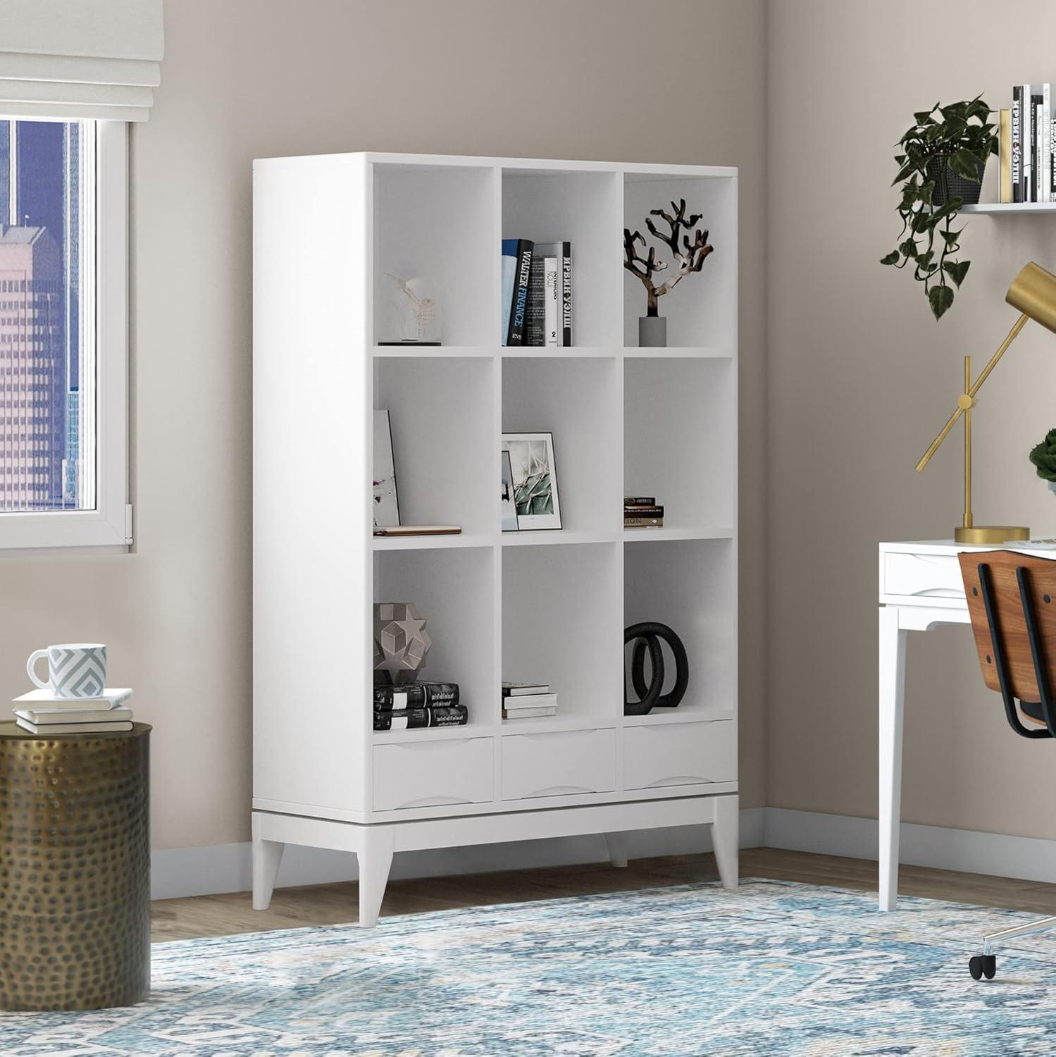 1 1 SOLID HARDWOOD 42 Inch Mid Century Modern Cube Storage Bookcase with Drawers in White, For the Living Room, Study Room and Office