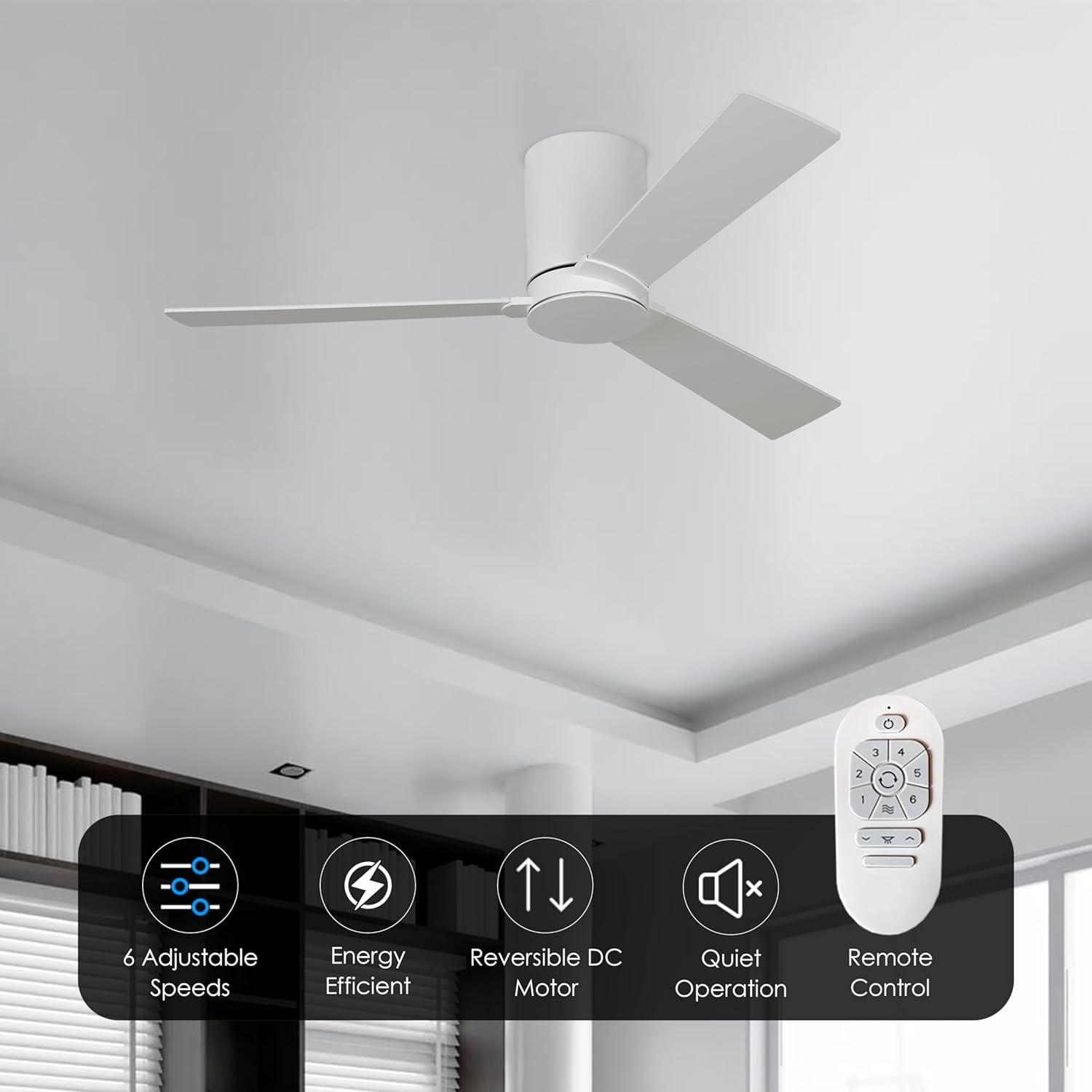 Matte White Low Profile Ceiling Fan with Remote and Lighting