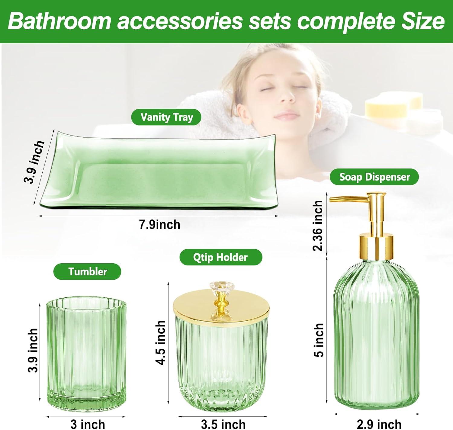 Green Glass Bathroom Accessories Set with Gold Accents, 4 Pieces