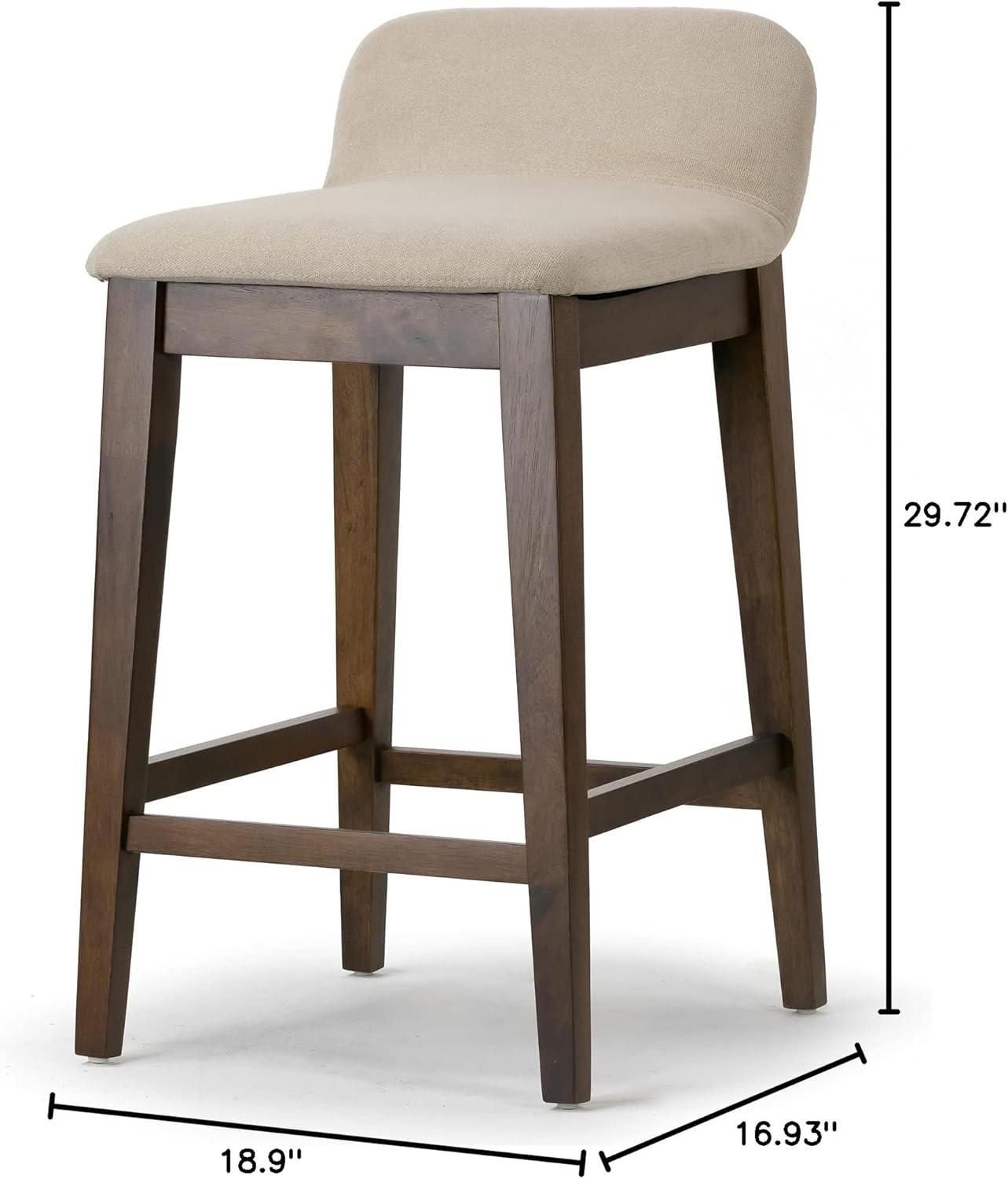 Set of 2 Dark Brown Wood Counter Stools with Beige Fabric Seats