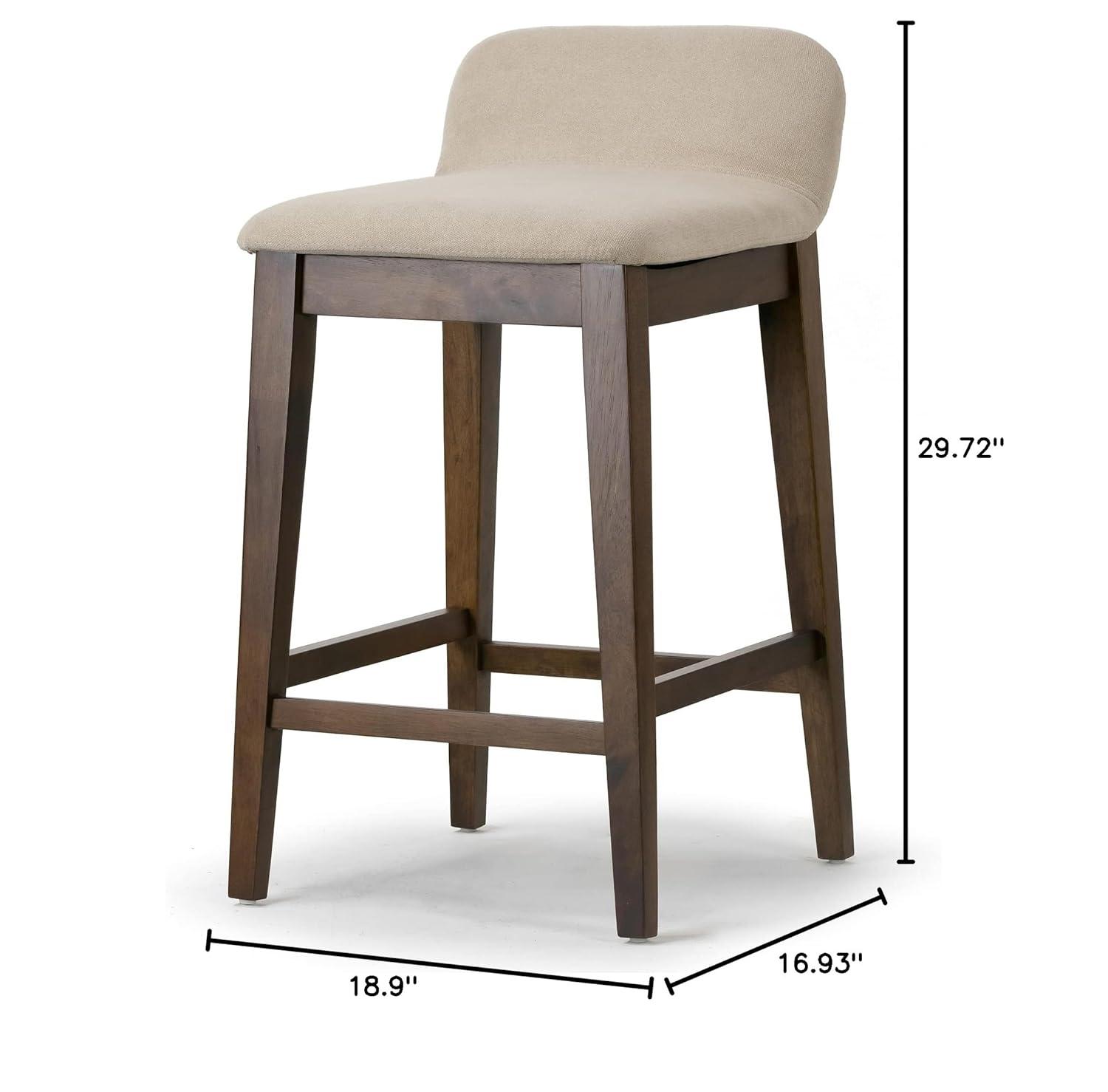 Set of 2 Dark Brown Wood Counter Stools with Beige Fabric Seats