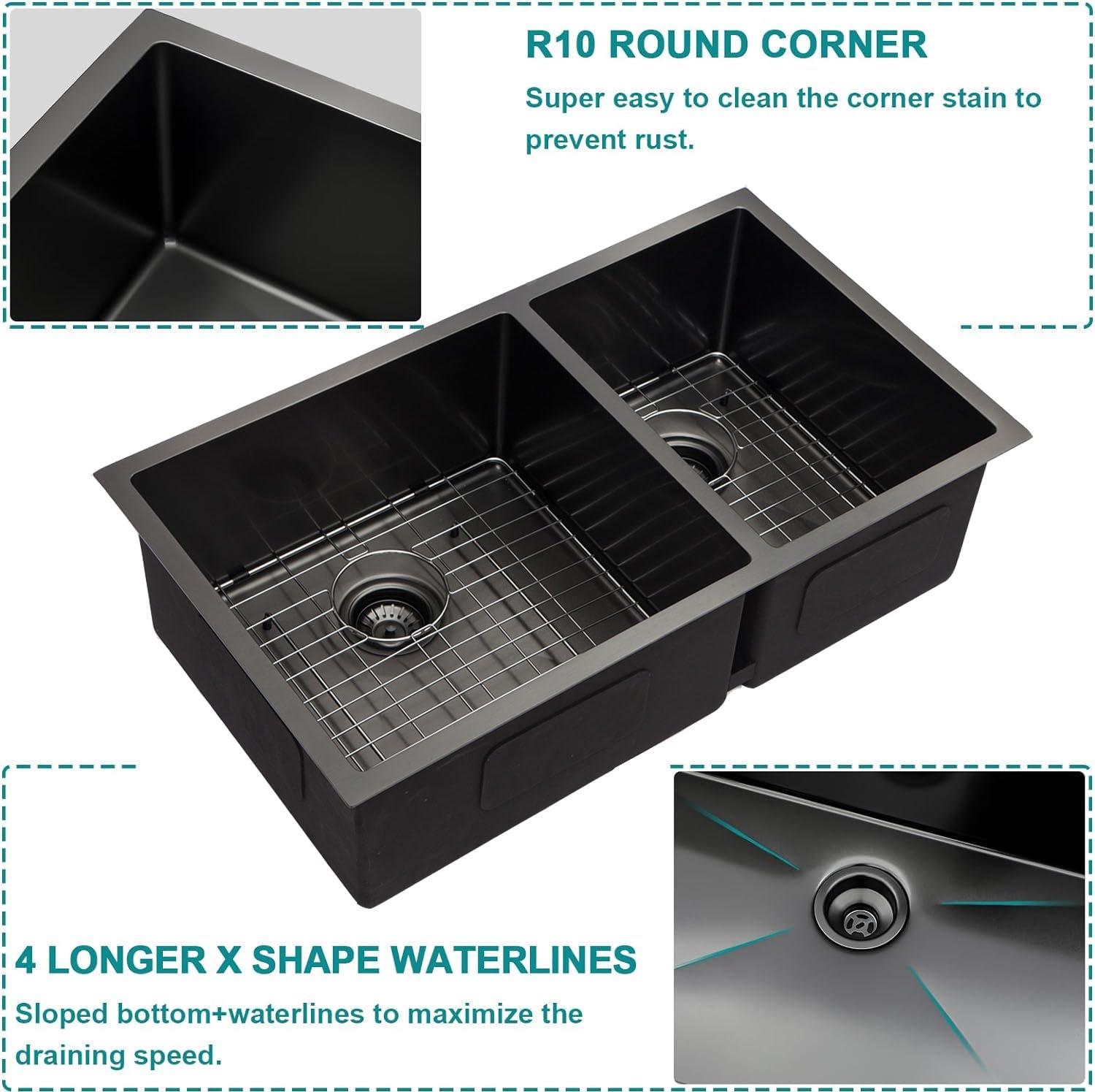 Double Bowl (60/40) Undermount Sink, 33"x19" Gunmetal Black Double Bowl Kitchen Sink 16 Gauge with Two 10" Deep Basin, X Grooves Engineered for Easy Draining