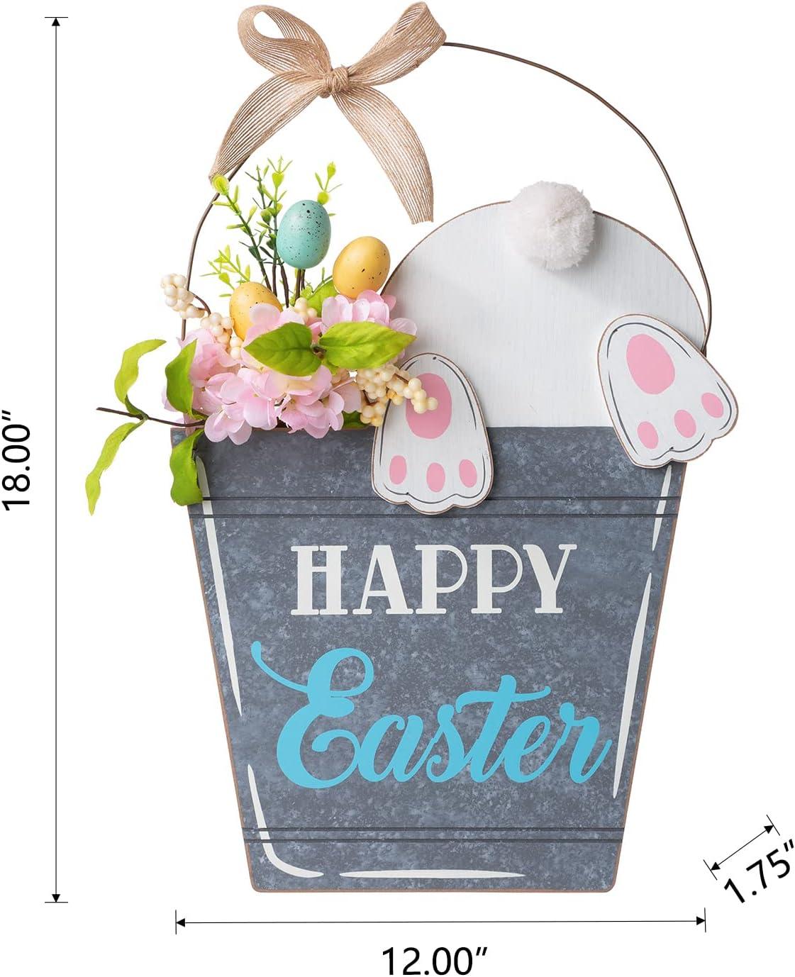 Glitzhome 18 Inch Wooden Easter Bunny Hanging Decoration,"Happy Easter" Rabbit Welcome Sign wood Bunny Eggs Easter Decorations for Door Home Garden Spring Party