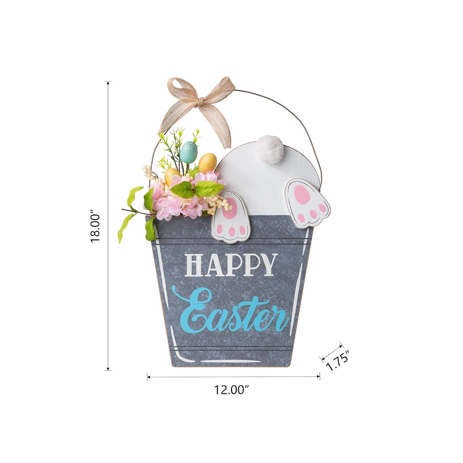 Glitzhome 18 Inch Wooden Easter Bunny Hanging Decoration,"Happy Easter" Rabbit Welcome Sign wood Bunny Eggs Easter Decorations for Door Home Garden Spring Party