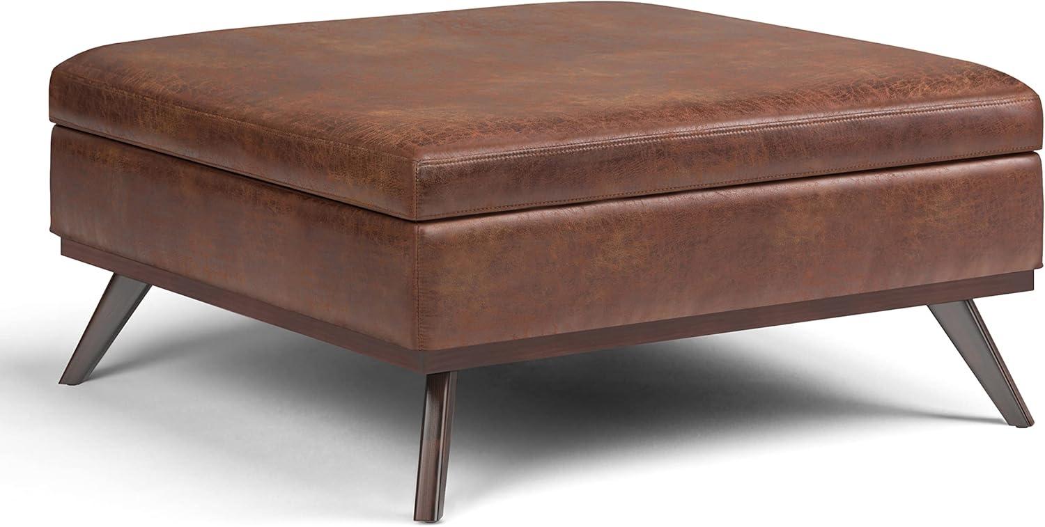 Owen Distressed Saddle Brown Faux Leather Lift Top Storage Ottoman