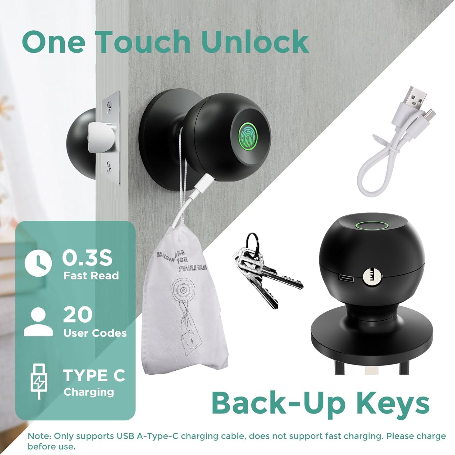 Ghome Fingerprint Smart Door Knob Lock App Control Biometric with Type-C Charge