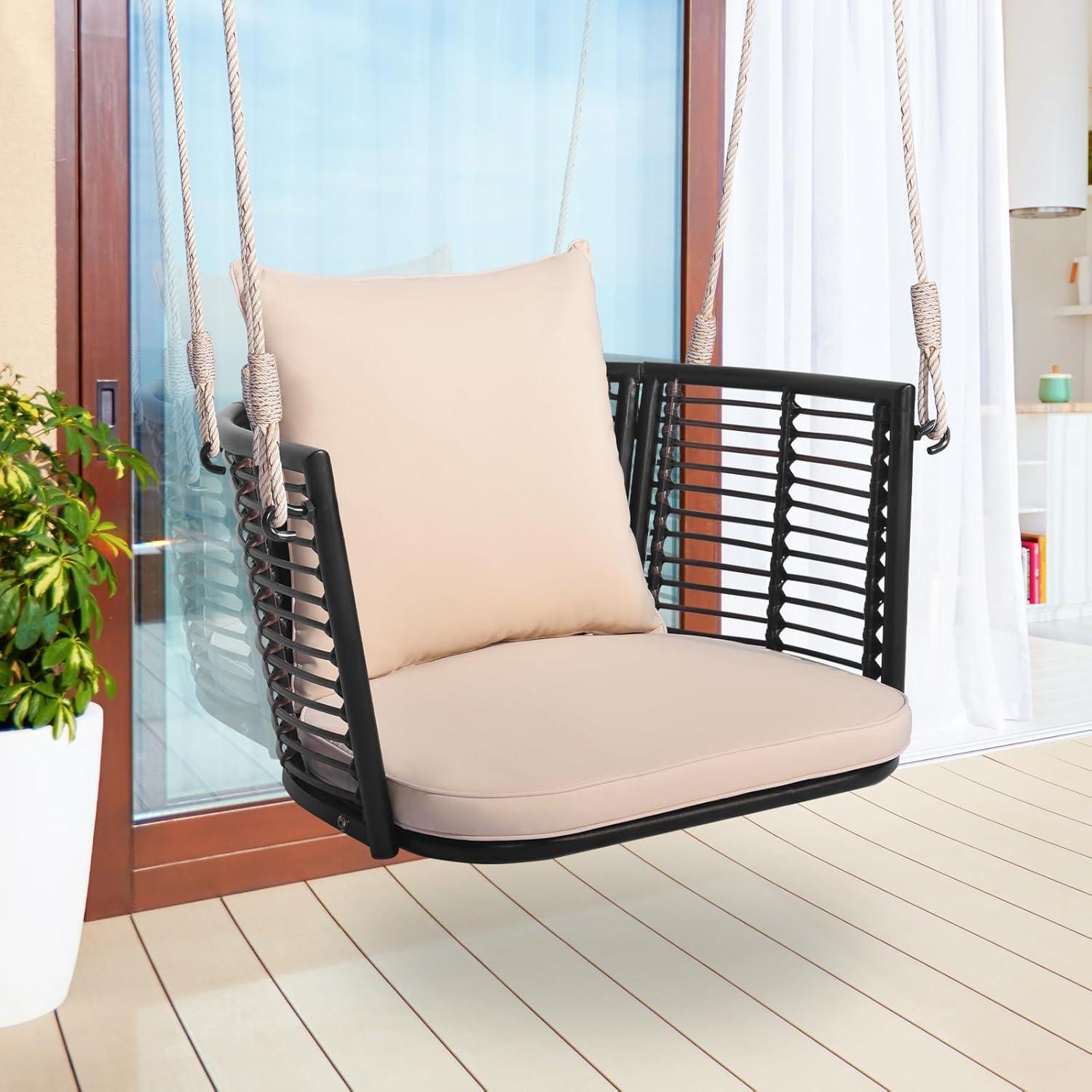 Mix Brown Rattan Hanging Chair with Beige Cushions