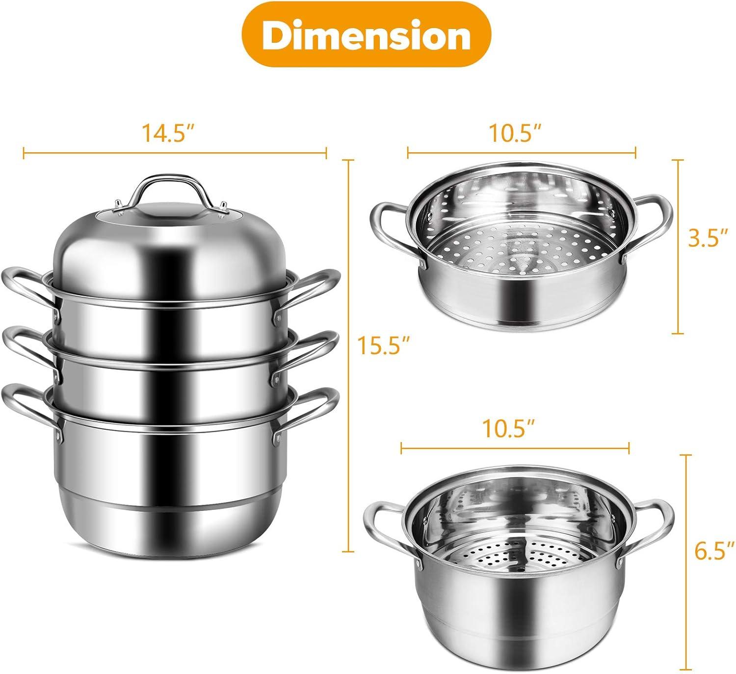 3-Tier Stainless Steel Steamer Pot with Tempered Glass Lid