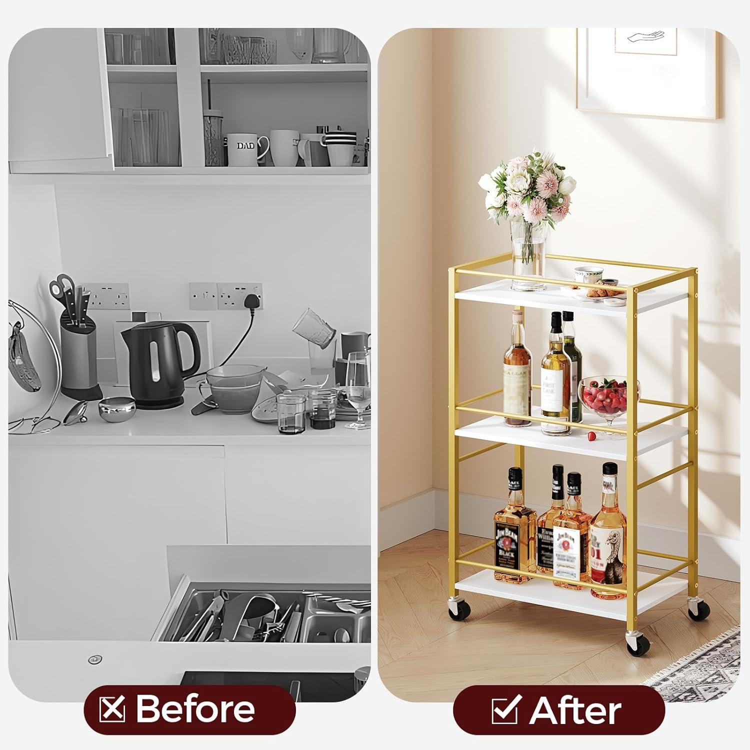 Gold and White Narrow Kitchen Cart with Storage