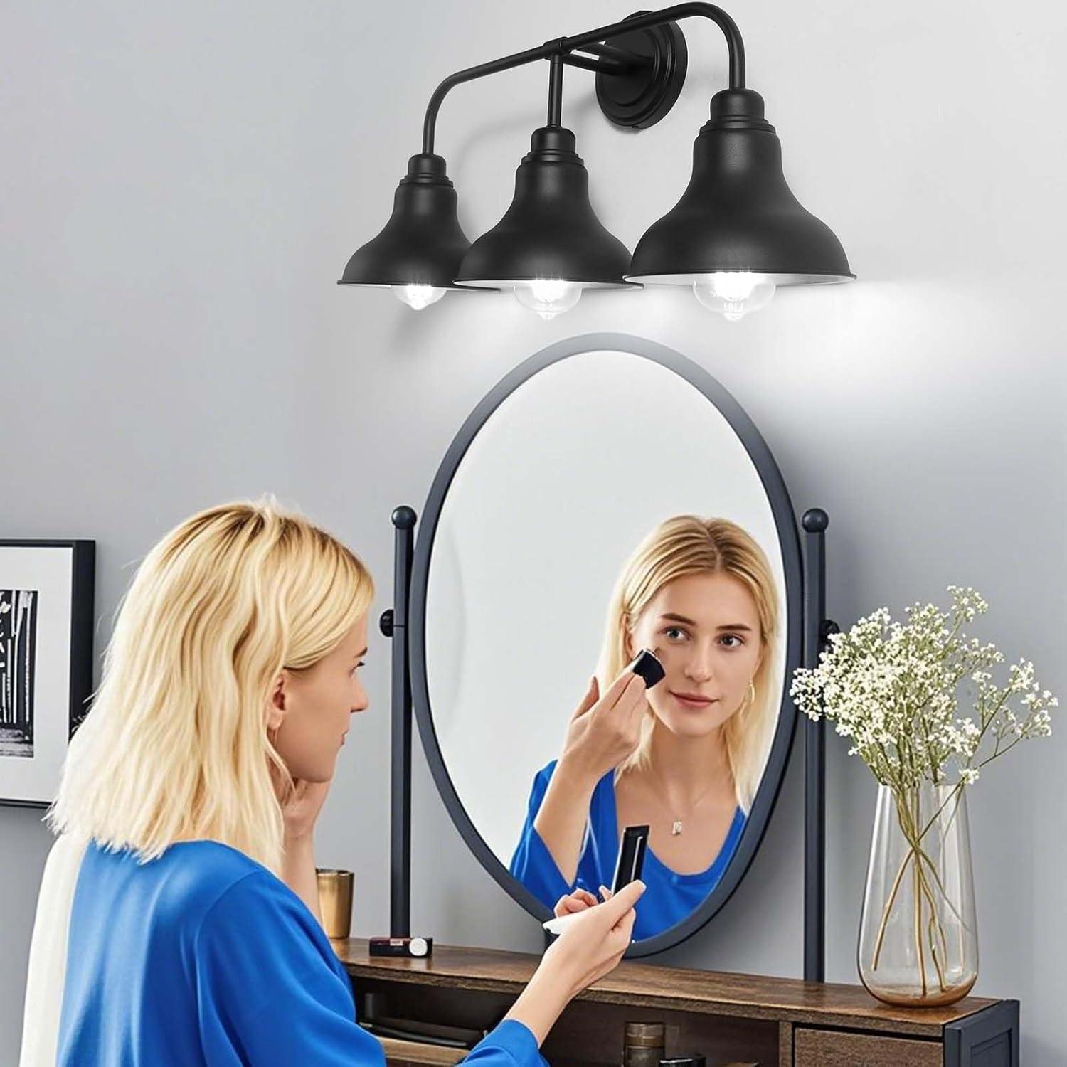 Farmhouse 25.25 in. 3-Light Black Vanity Light with Black Metal Shades