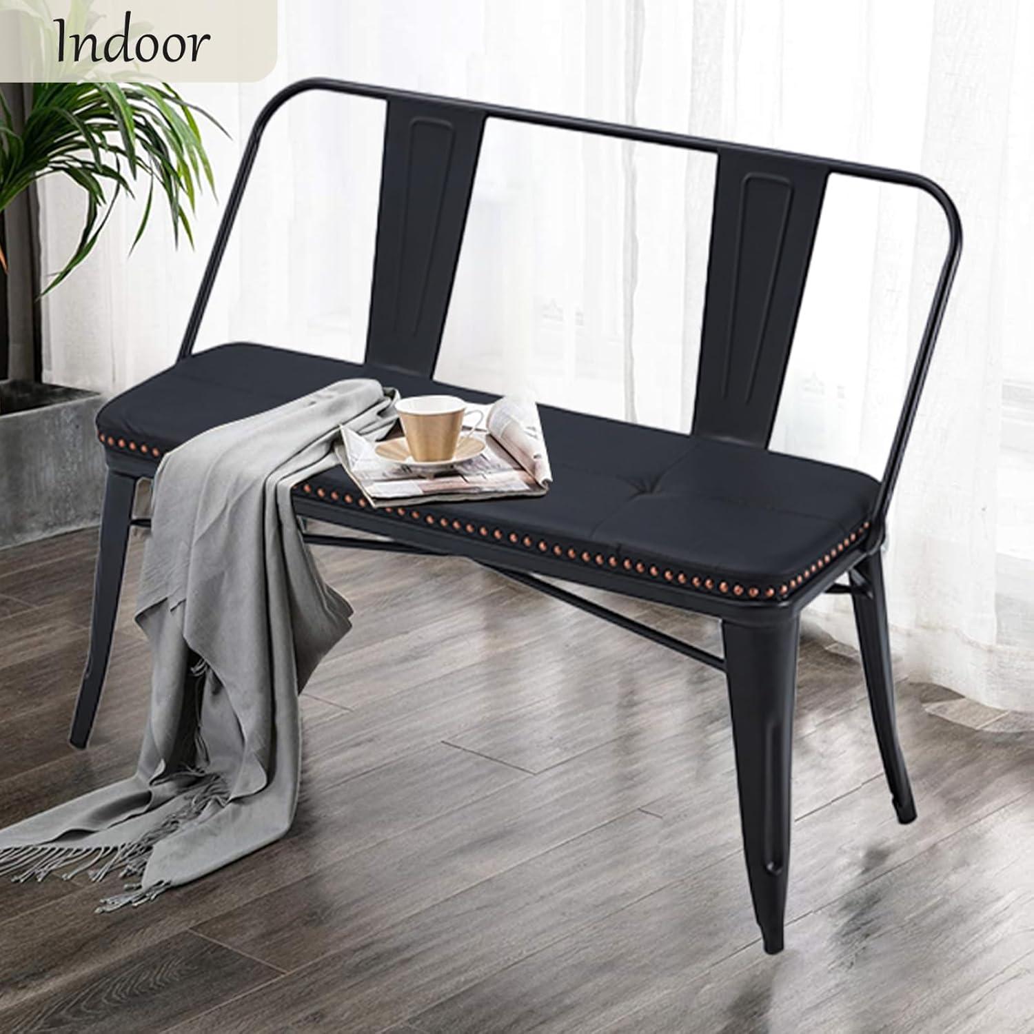 YOLENY Dining Bench, Entryway Bench with Back, Farmhouse Metal Dining Bench, Industrial Mid-Century 3 Person Rustic Spindle Bench, with Leather Seat, Removable Backrest, 42in, Black