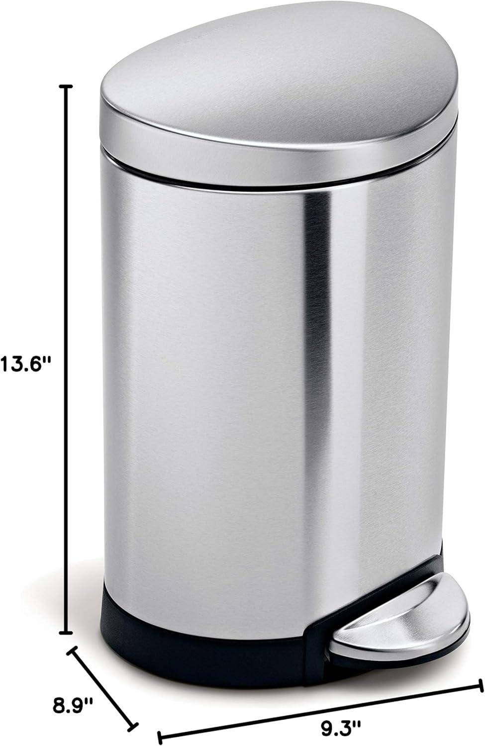 Compact Brushed Stainless Steel Semi-Round Trash Can with Pedal, 1.6 Gal