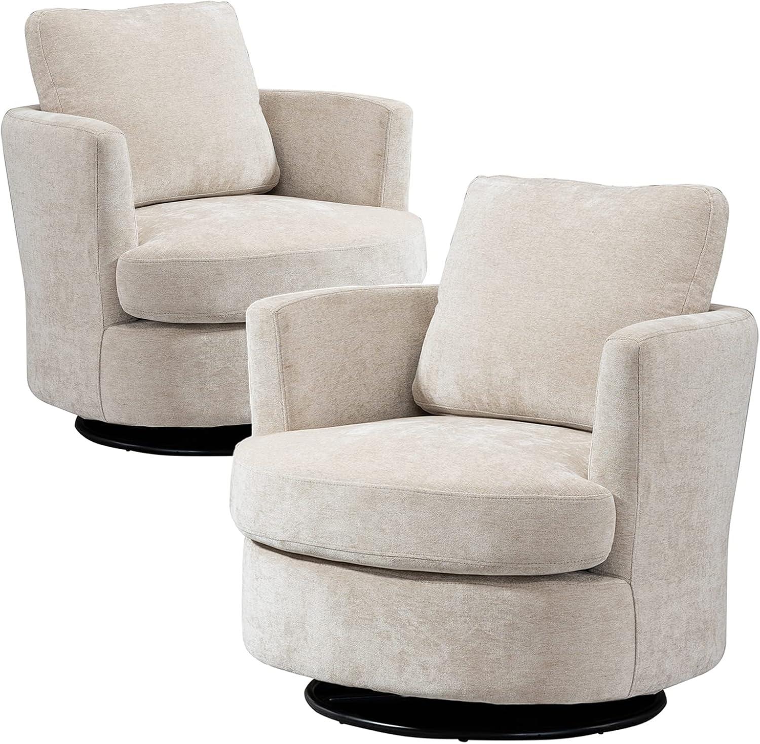 Beige Chenille Swivel Barrel Chairs with Wood Base, Set of 2