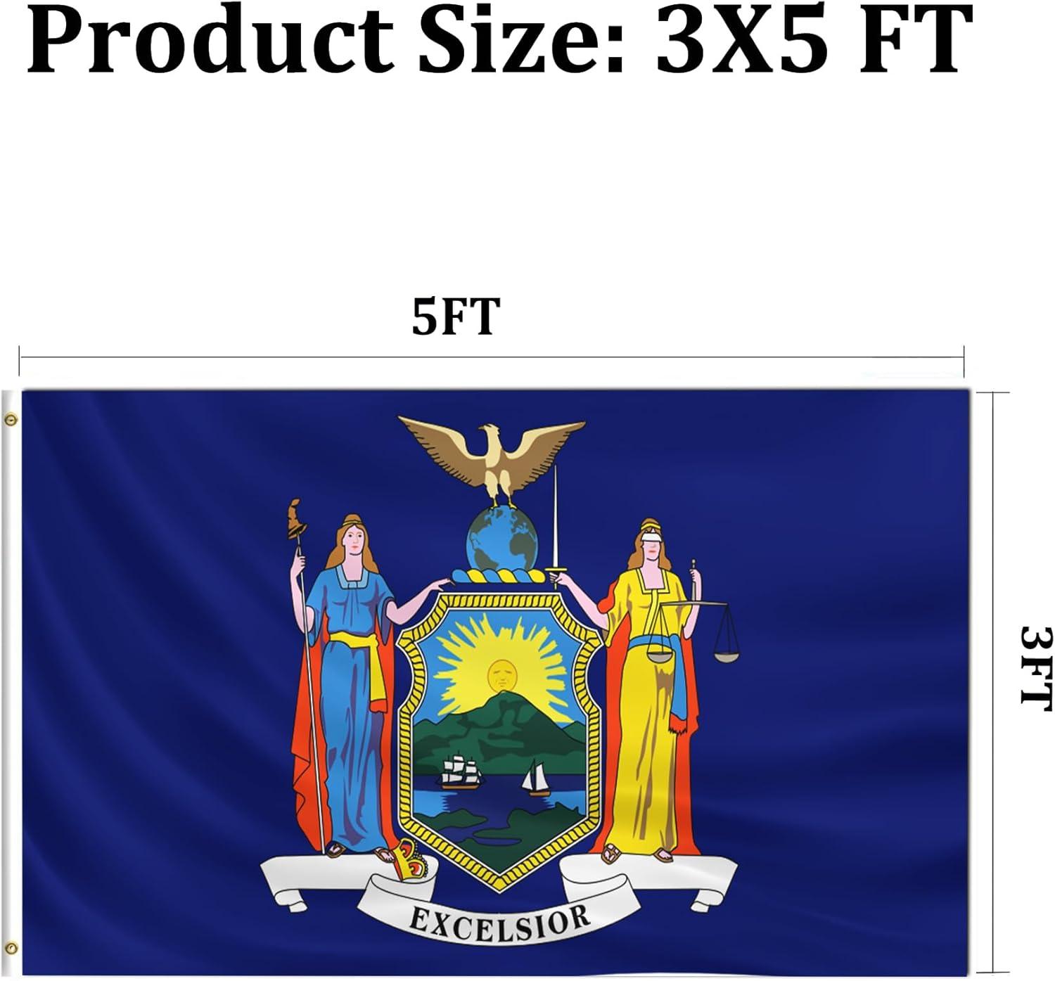 New York State Flag Double Sided 3x5 ft, Heavy Duty 3 Ply Durable Polyester, NY Flag with Vibrant Print/4 Rows Hemming/Brass Grommets