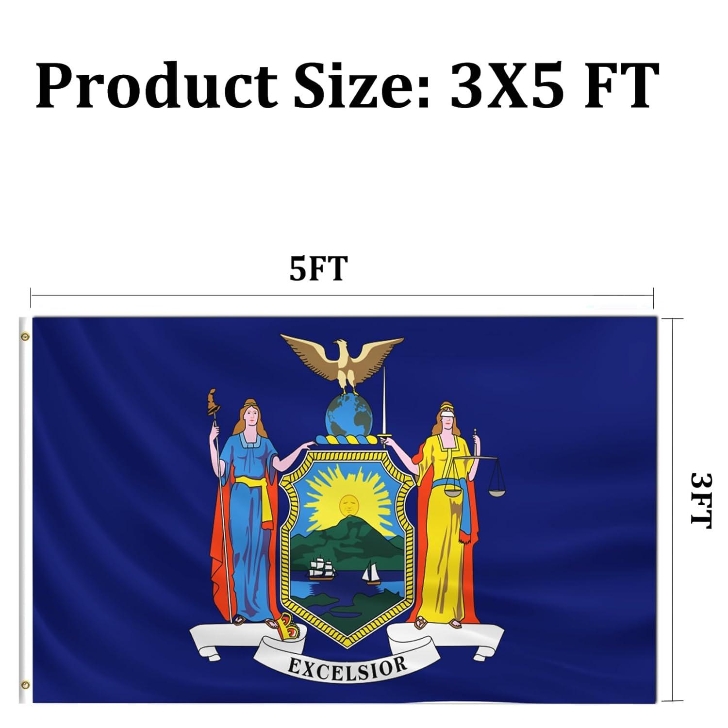 New York State Flag Double Sided 3x5 ft, Heavy Duty 3 Ply Durable Polyester, NY Flag with Vibrant Print/4 Rows Hemming/Brass Grommets