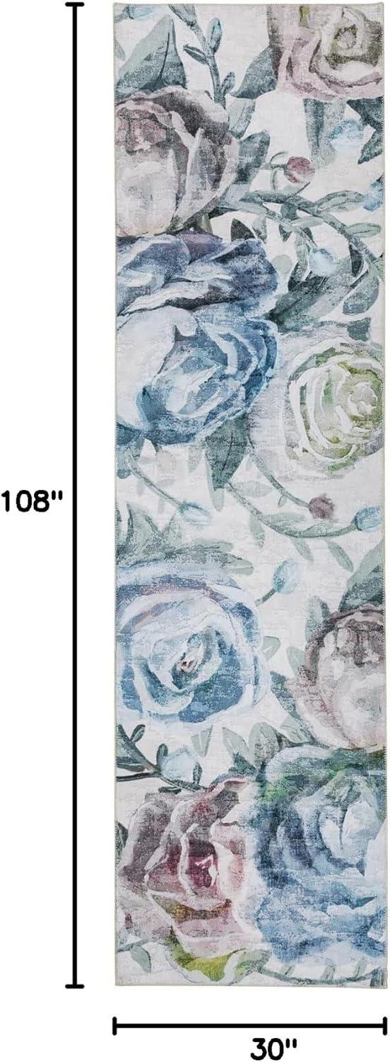 Jasmine Modern Flower Design Machine Washable and Foldable Soft Area Rug Blue/Ivory Multi