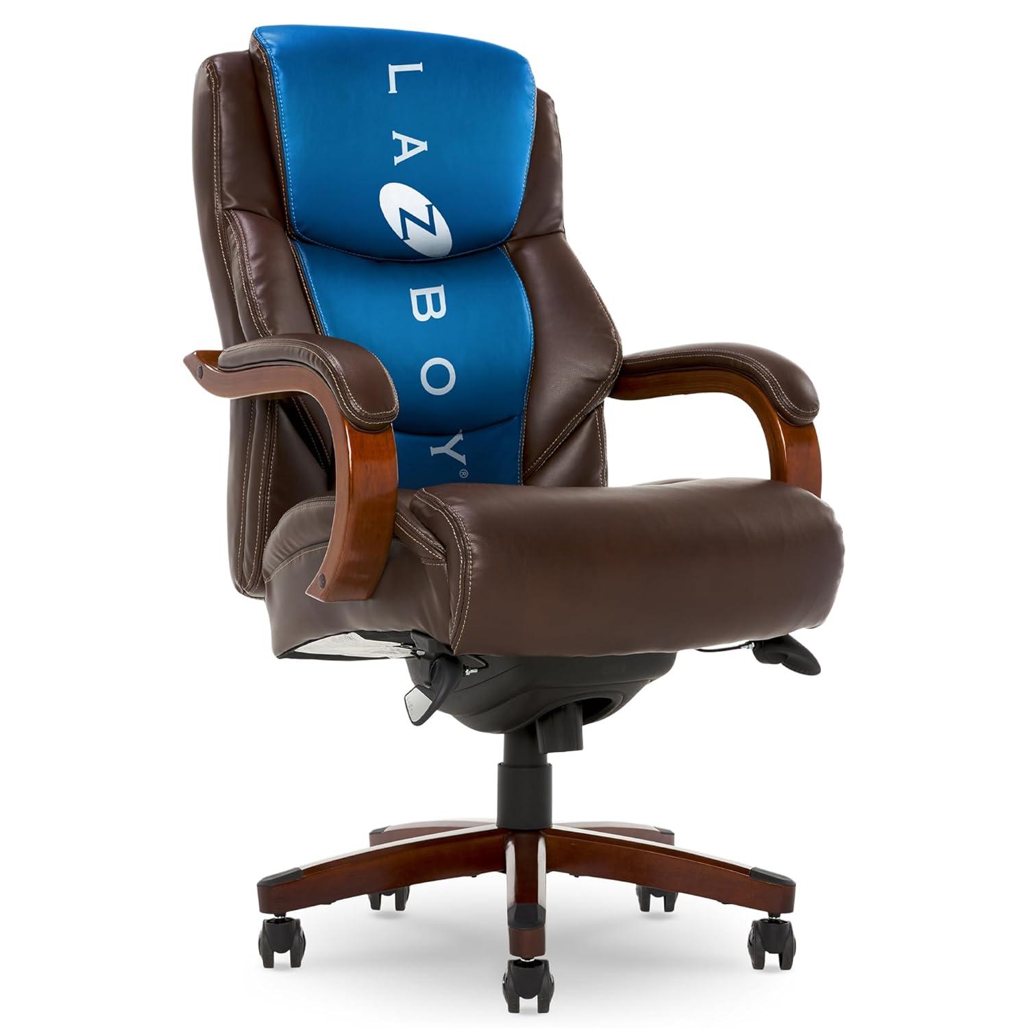 La-Z-Boy La-Z-Boy Delano Big & Tall Executive Office Chair, Ergonomic Mid-Back with Body Pillow Lumbar Support, ComfortCore® with Memory Foam Cushion, Mahogany Wood Arms and Swivel Base, Bonded Leather