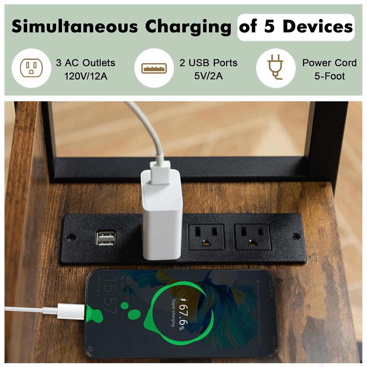 Hadulcet Adjustable C Table with Charging Station, Tiltable Desk C Shaped End Table for Couch, Over Bed Table with Wheels Adjustable Height, Hospital Table Laptop Stand Drawing Desk, Rustic Brown