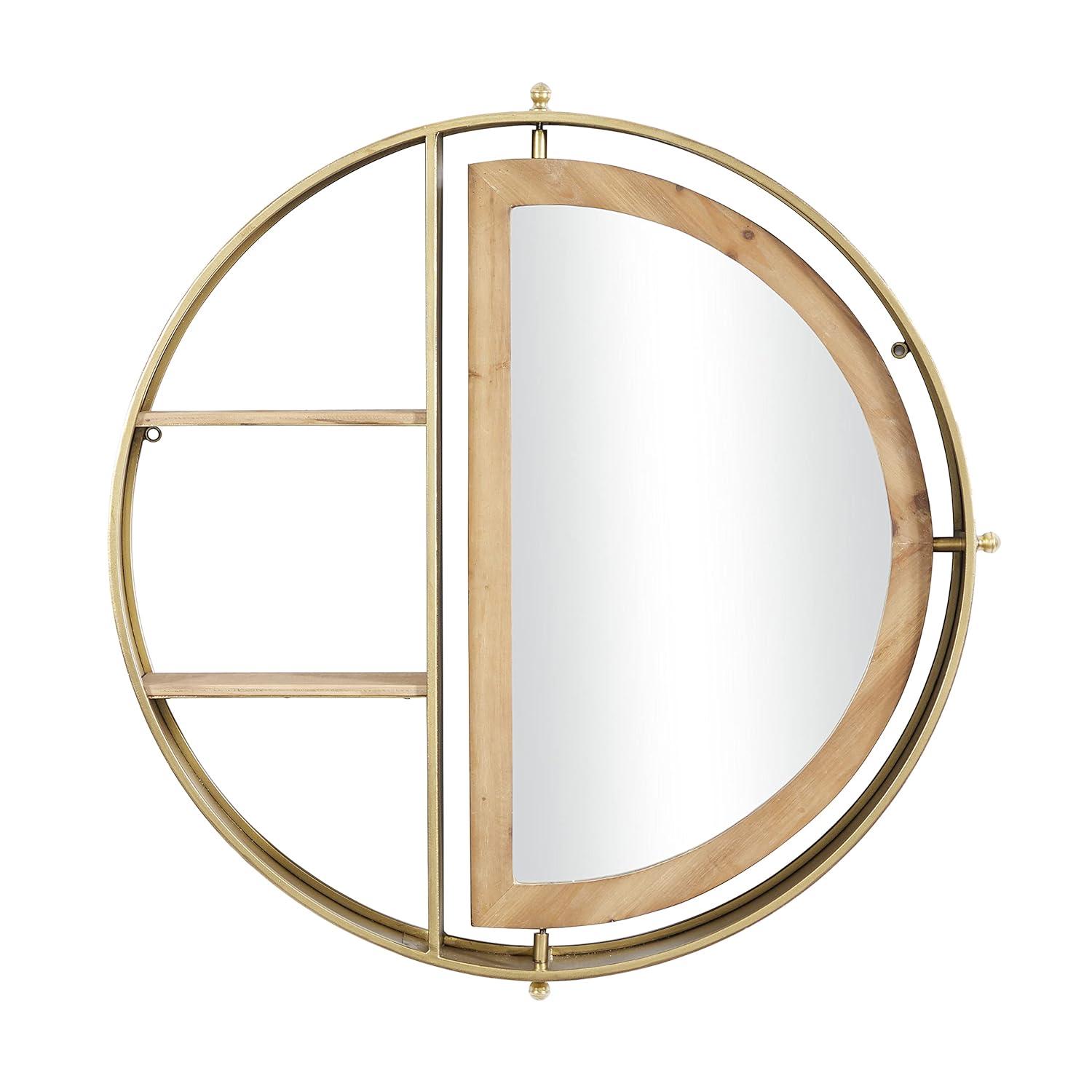DecMode 28" x 5" 2-Tier Gold Wall Shelf with Half Moon Shaped Mirror