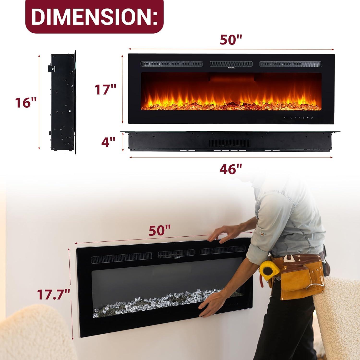 Electric Fireplace in-Wall Recessed and Wall Mounted, 50" Fireplace Heater and Linear Fireplace with Timer/Multicolor Flames/Touch Screen/Remote Control, 750W/1500W