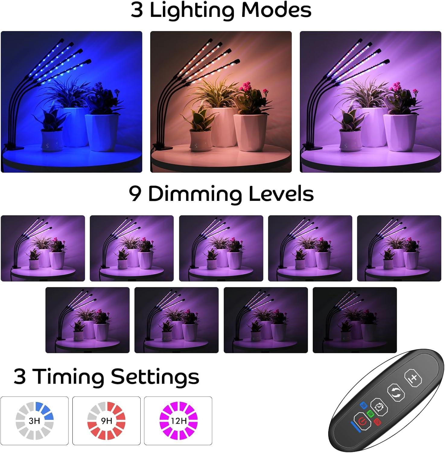 Shyineyou Grow Lights for Indoor Plants Full Spectrum, 80 LEDs Plant Light for Indoor Plants with 3/9/12H Timer, 4 Heads Clip On Plant Grow Light with 3 Modes, 20%-100%