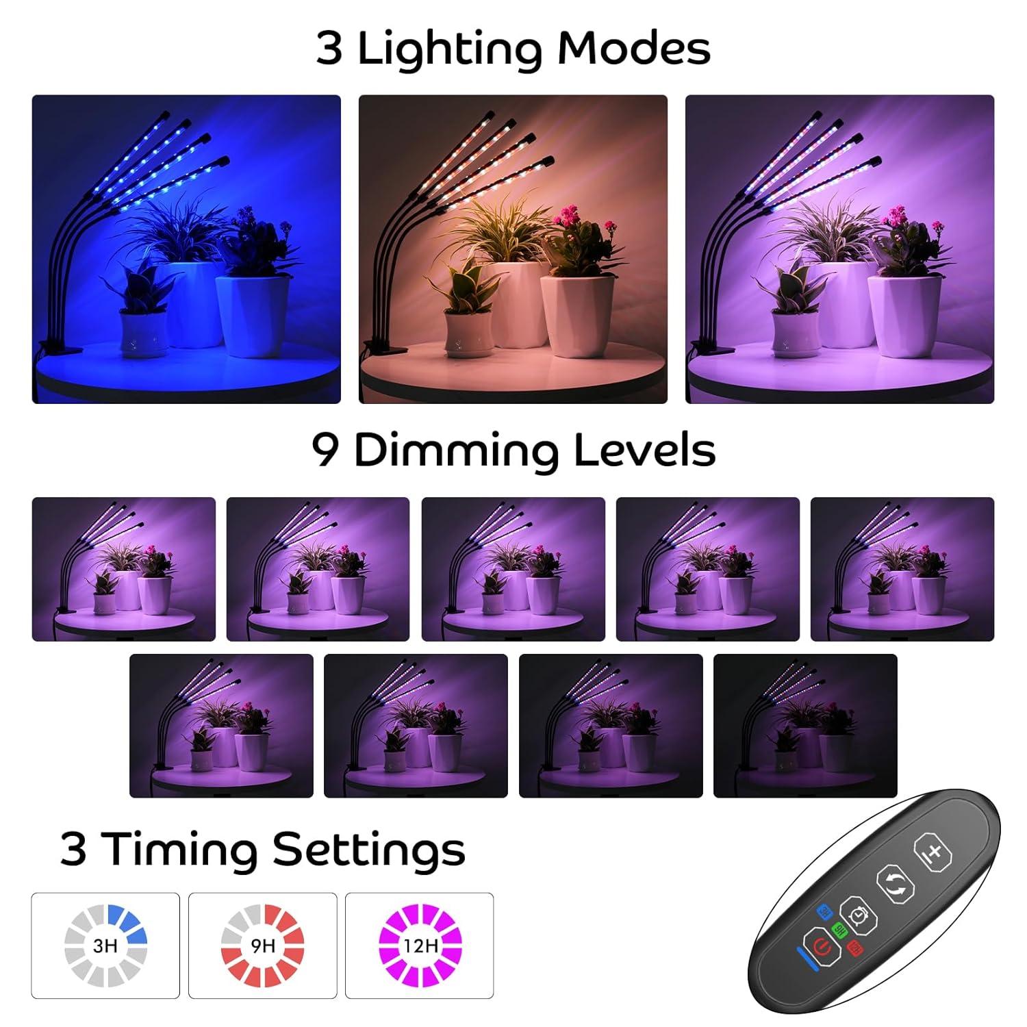 Shyineyou Grow Lights for Indoor Plants Full Spectrum, 80 LEDs Plant Light for Indoor Plants with 3/9/12H Timer, 4 Heads Clip On Plant Grow Light with 3 Modes, 20%-100%
