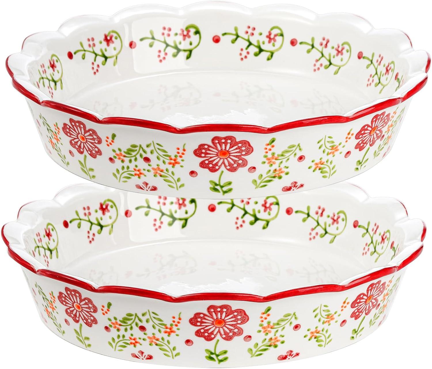 MASTER CRAFT WINDOW AND DOOR 2 Pack Ceramic Pie Plate For Baking With Fluted Rim, 9 Inch Round Pie Dish Colorful Floral Pie Pan Deep Quiche Baking Dish For Dessert, Pies, Quiche, Baking, Dishwasher And Microwave Oven Safe