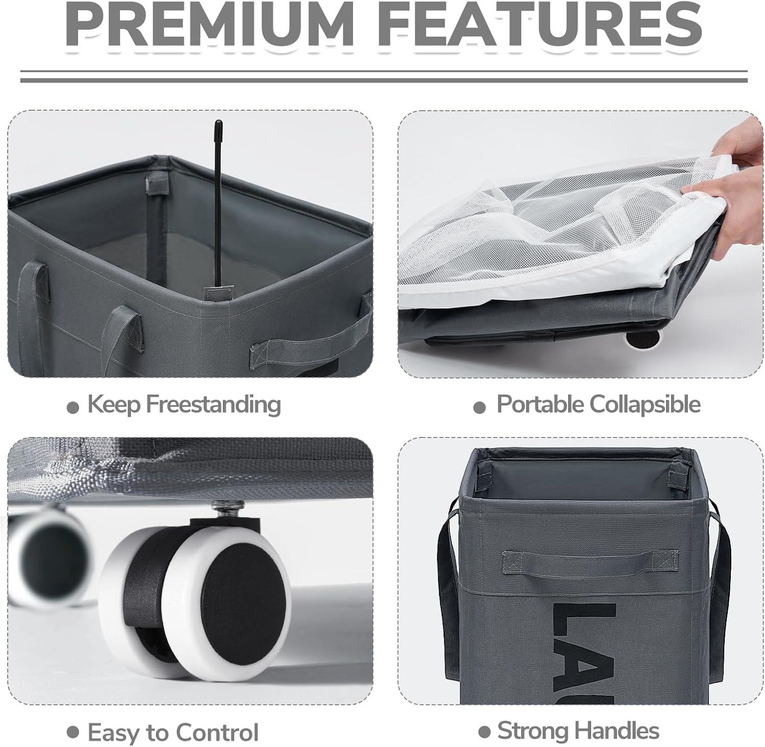 VOKIAL Laundry Basket With Wheels, 2PACK 75L Rolling Laundry Baskets With Removable Laundry Bags, Apartment Essentials, Collapsible Laundry Baskets, Laundry Bag, Corner Dorm Foldable Laundry Baskets, Slim Laundry Baskets