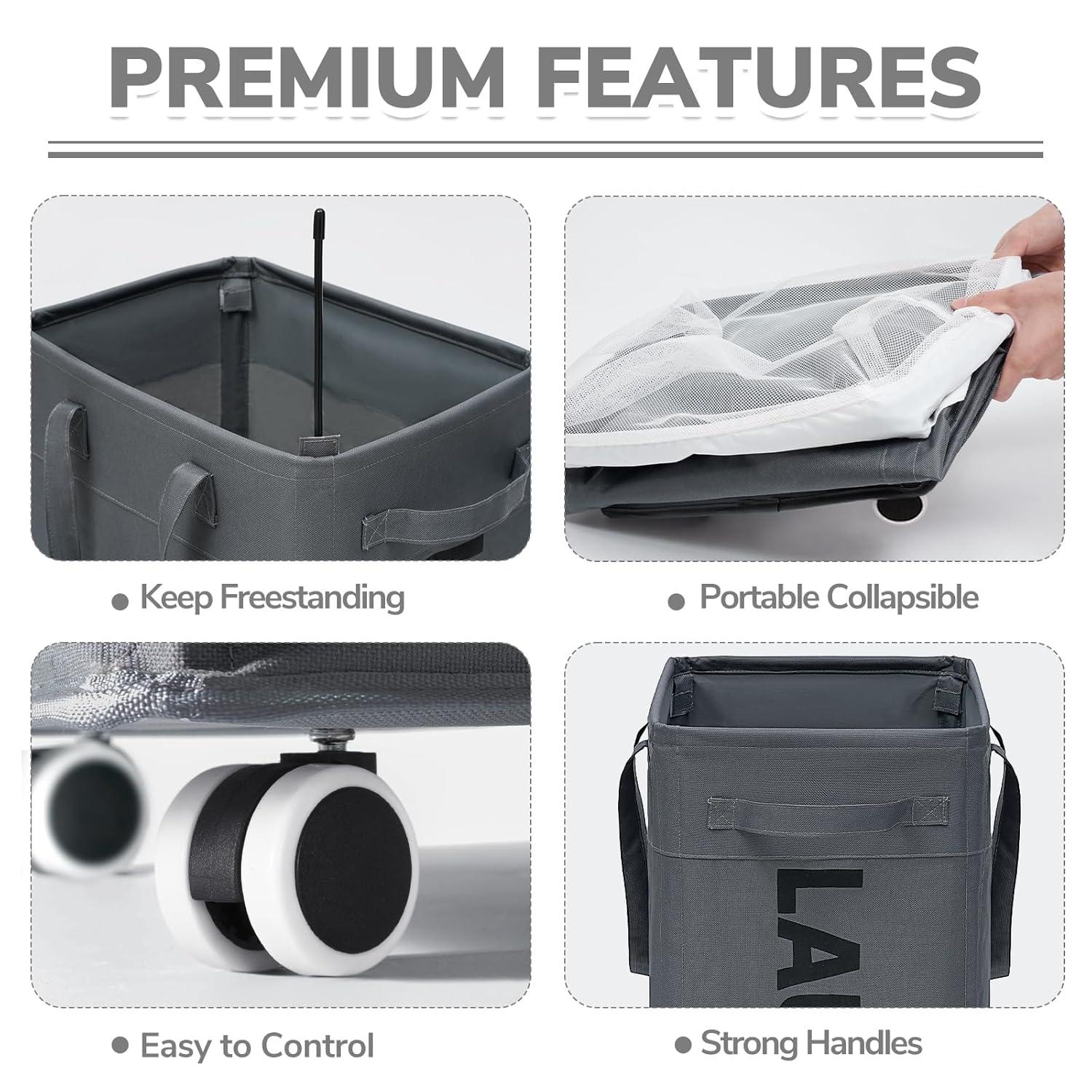 VOKIAL Laundry Basket With Wheels, 2PACK 75L Rolling Laundry Baskets With Removable Laundry Bags, Apartment Essentials, Collapsible Laundry Baskets, Laundry Bag, Corner Dorm Foldable Laundry Baskets, Slim Laundry Baskets