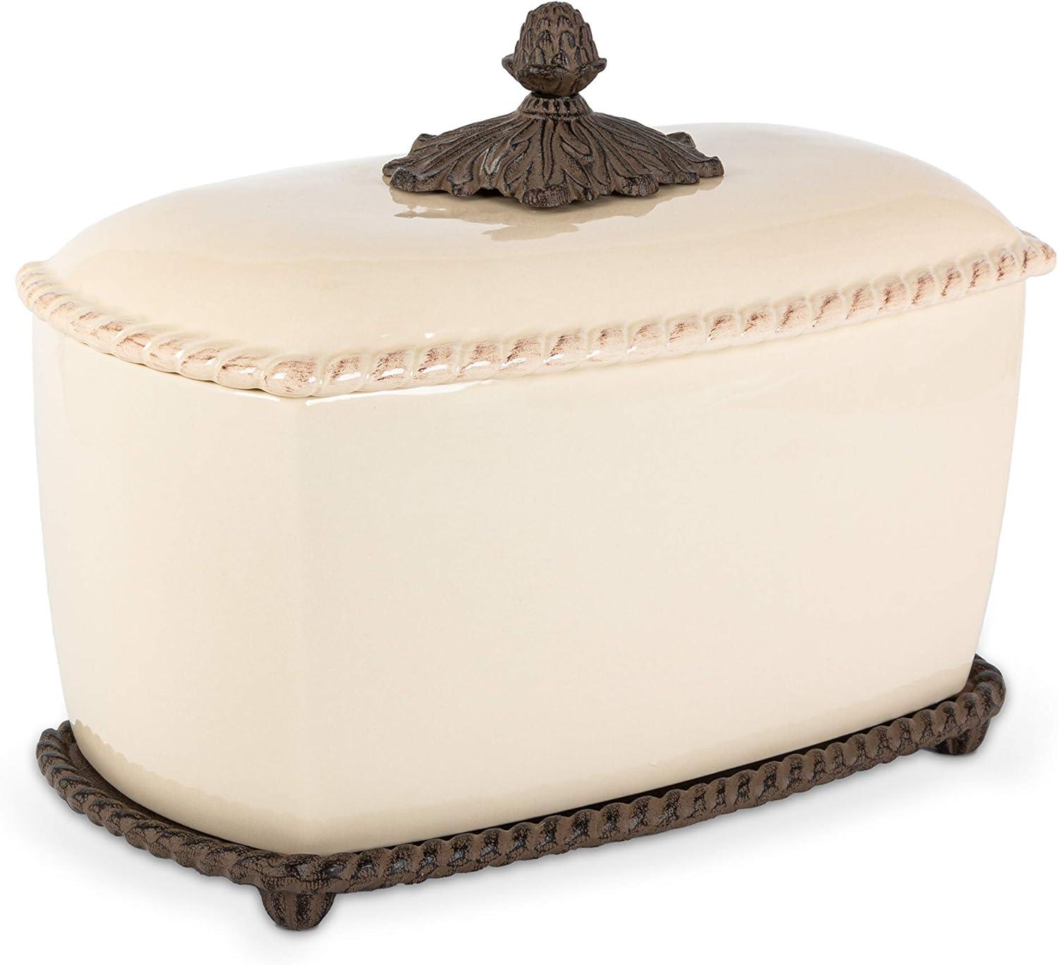 Cream Stoneware Bread Box with Acanthus Details