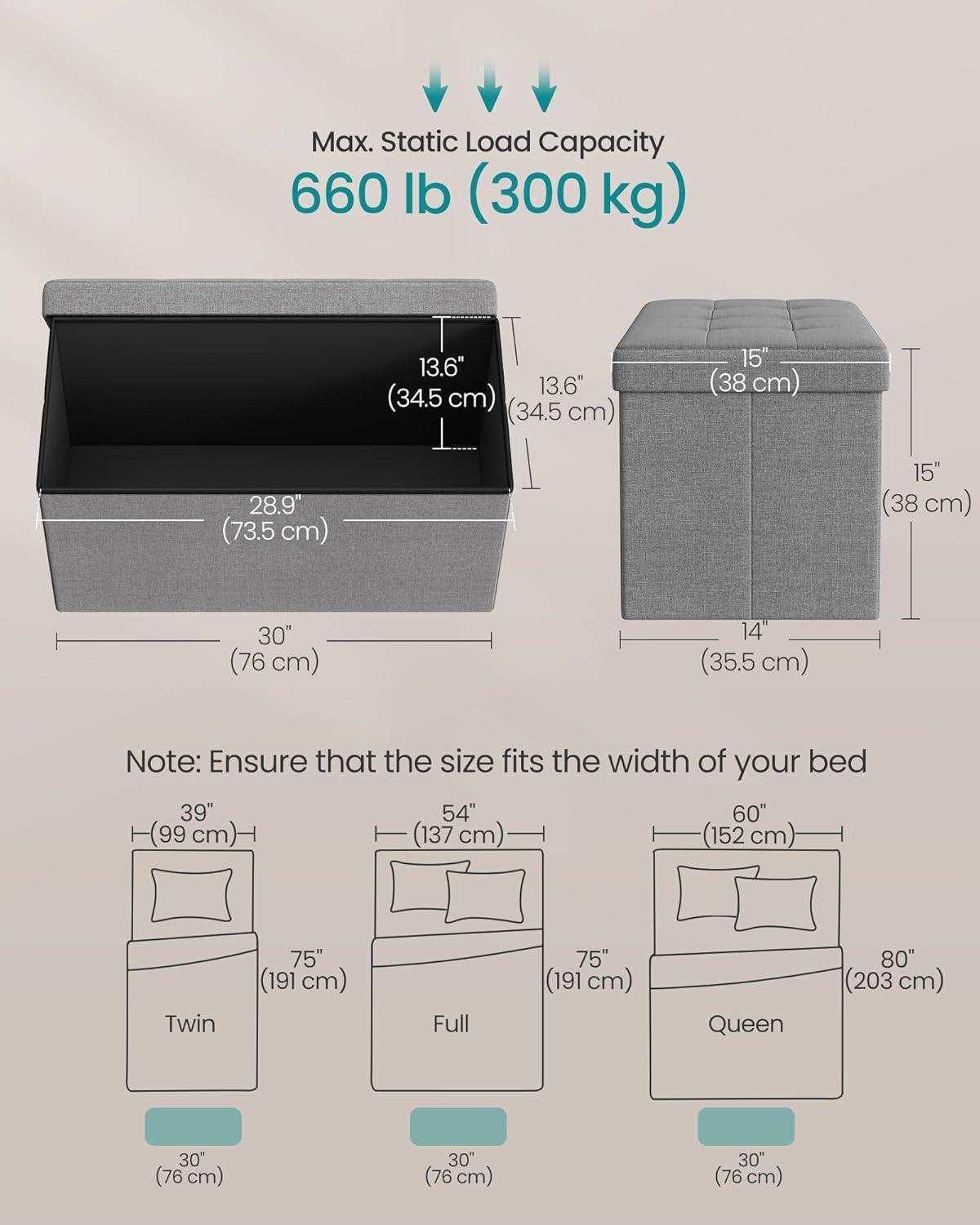 SONGMICS 30" Storage Ottoman Bench Hold up to 660lb Ottoman with Storage Light Gray