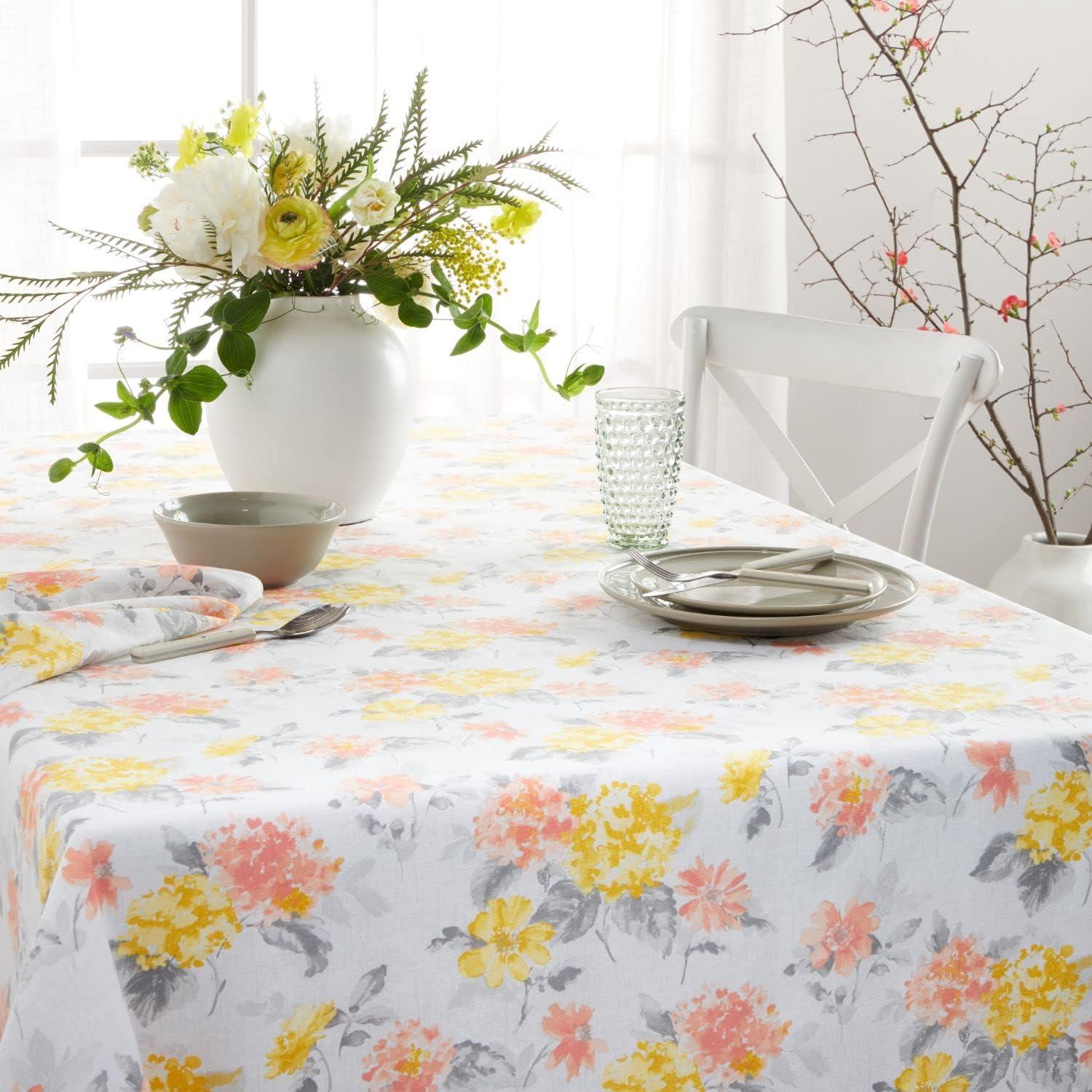 Amber Floral Yellow and Coral Cotton Polyester Tablecloth