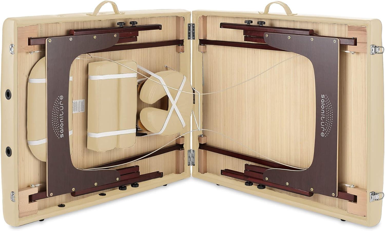 Saloniture Professional Portable Lightweight Bi-Fold Massage Table with Reiki Panels - Cream