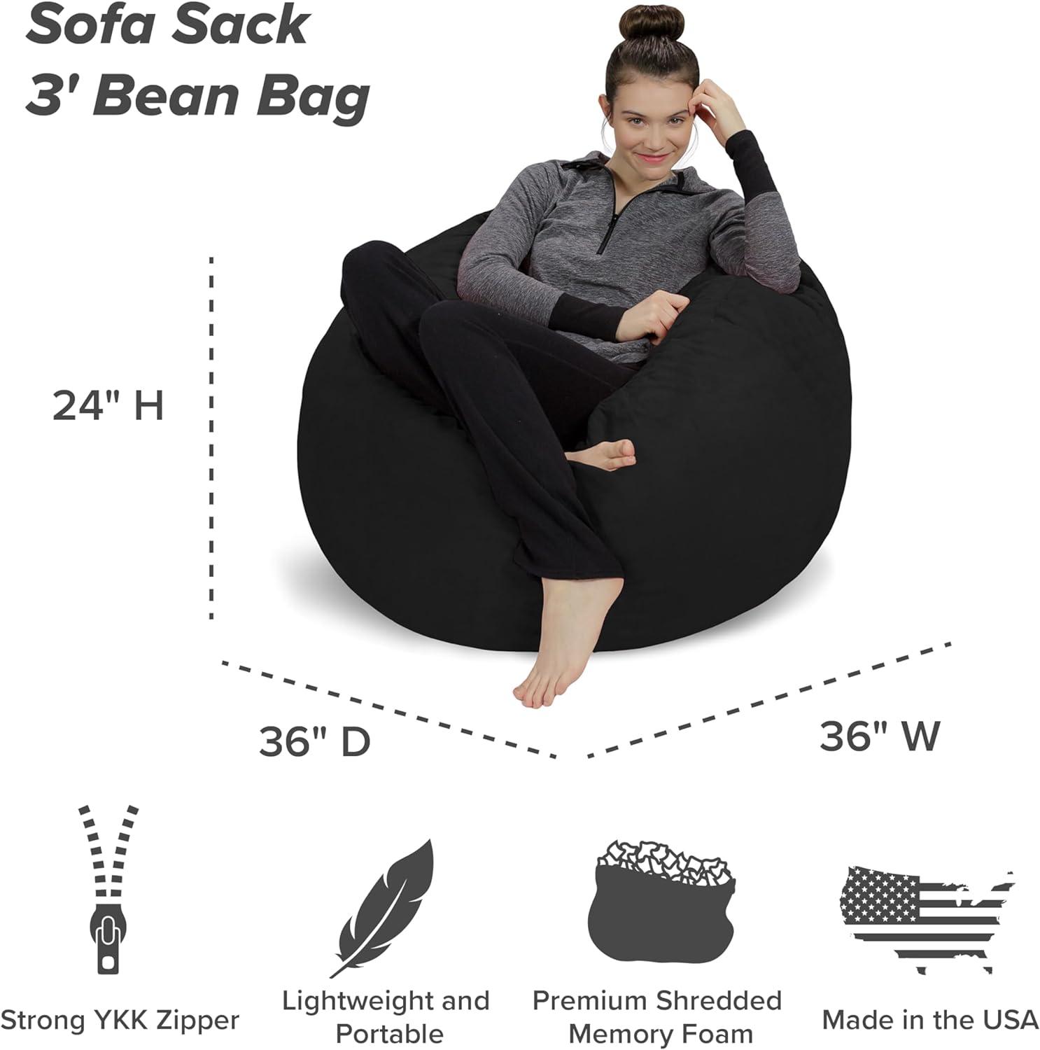 Black 3-Foot Memory Foam Bean Bag Chair with Microsuede Cover