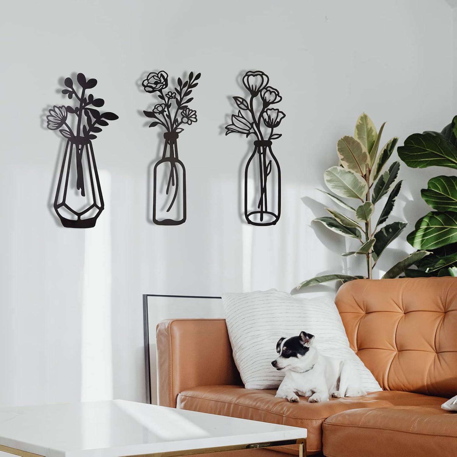 3 Pieces Black Metal Flowers Wall Decor Vase Art Sculptures Hanging for Indoor Kitchen Bathroom Dining Room Patio, 14.56x7.48 Inches