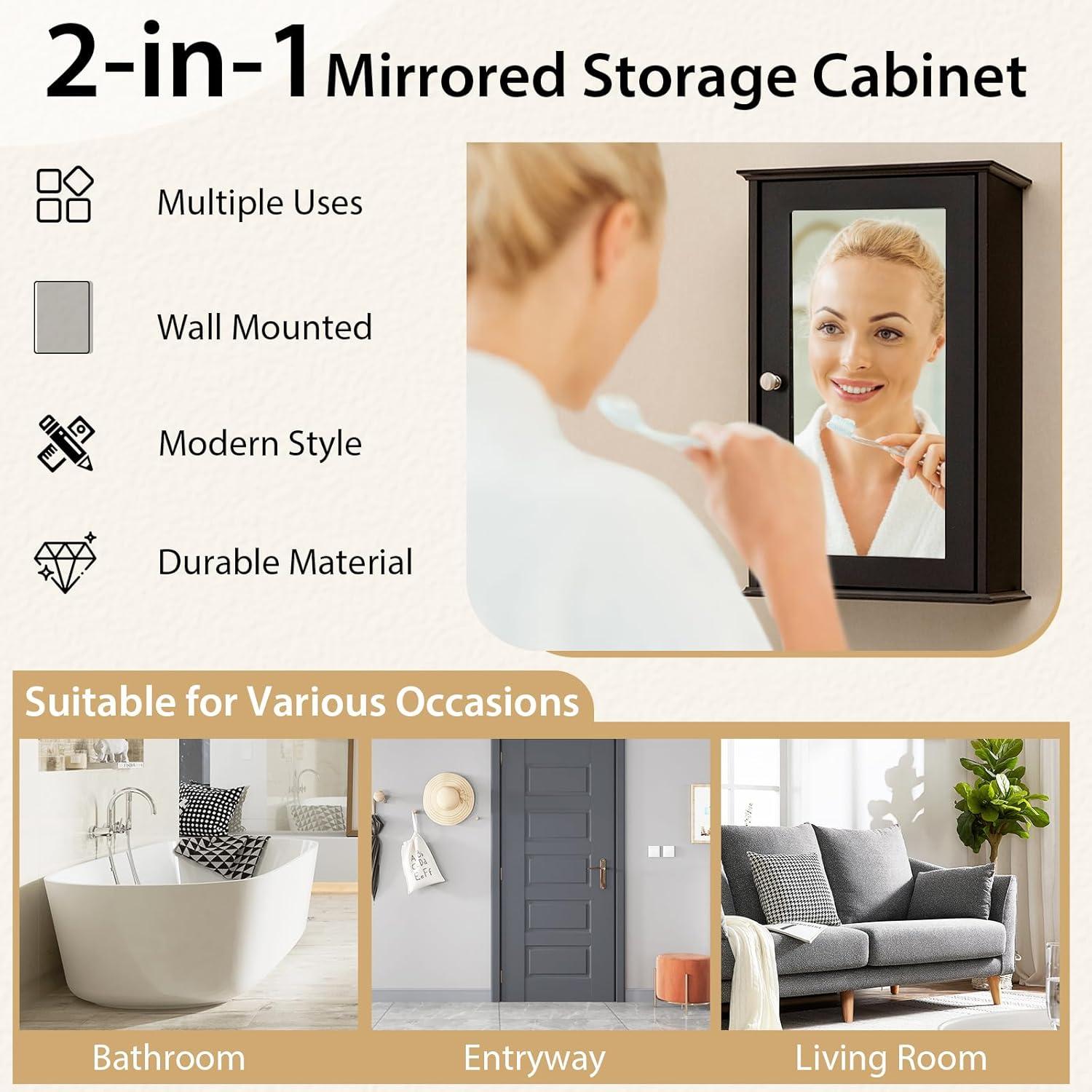 Costway Bathroom Wall Cabinet Single Mirror Door Cupboard Storage Wood Shelf Brown