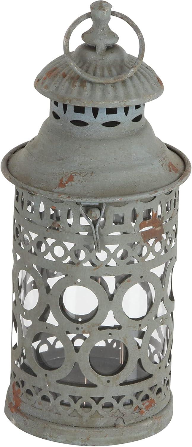 Rustic Gray Iron Candle Lantern Set with Intricate Cutouts