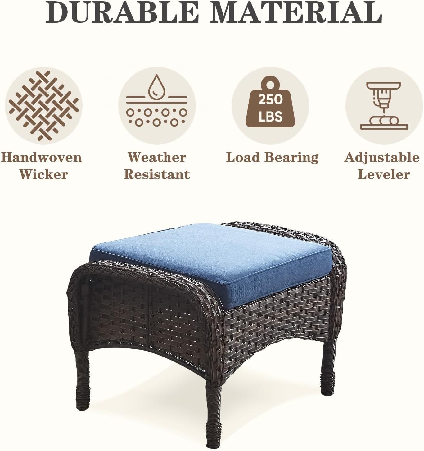 Flat Armrest Series Brown Wicker Outdoor Patio Ottoman with CushionGuard Blue Cushions (2-Pack)