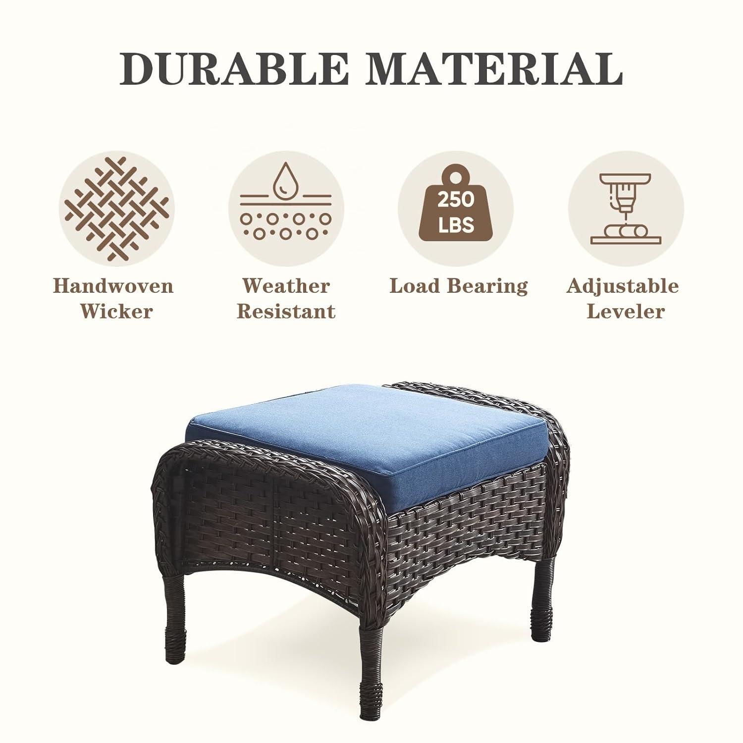 Flat Armrest Series Brown Wicker Outdoor Patio Ottoman with CushionGuard Blue Cushions (2-Pack)